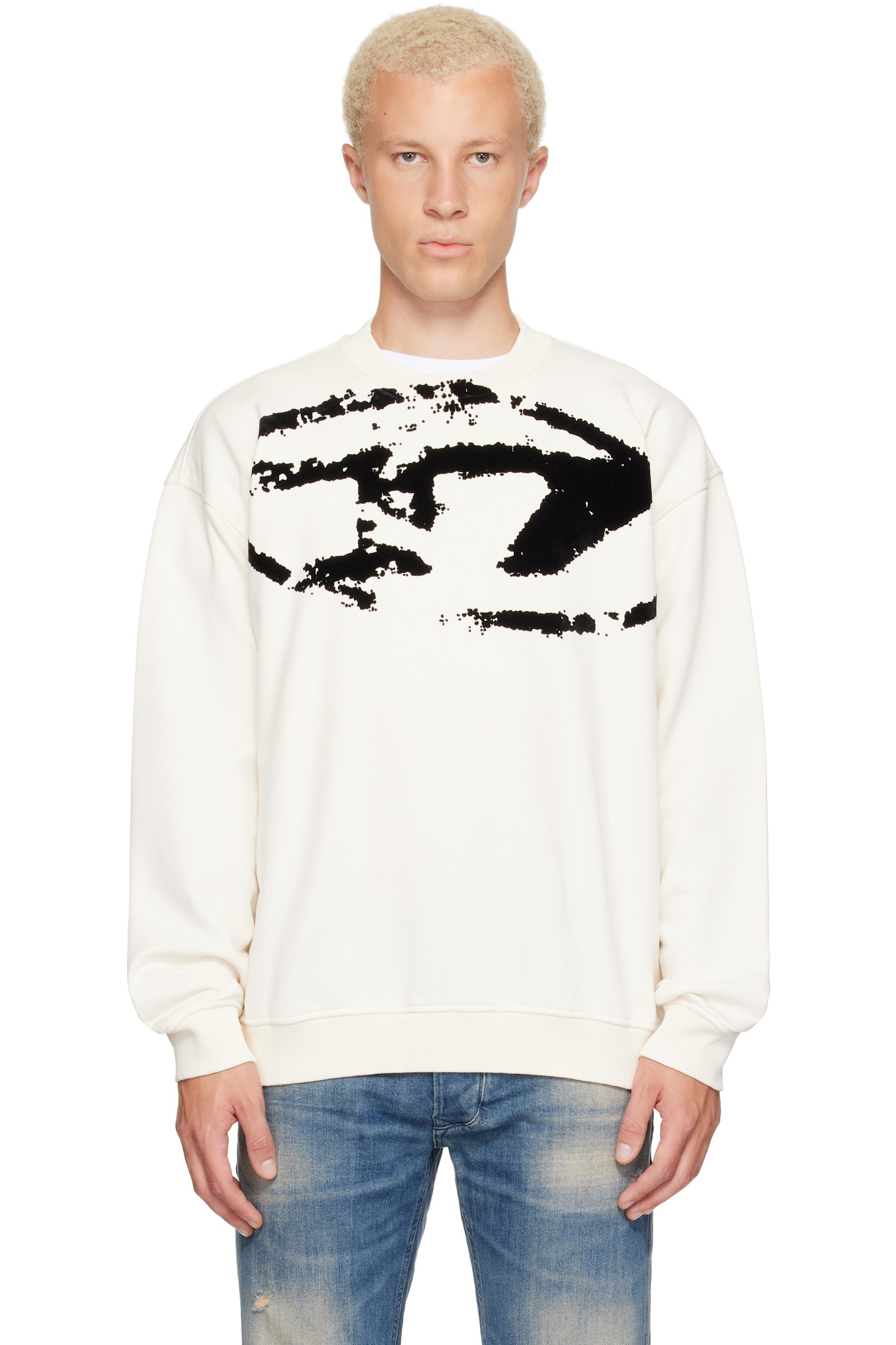 Diesel - Pull molletonné blanc cassé à logo floqué