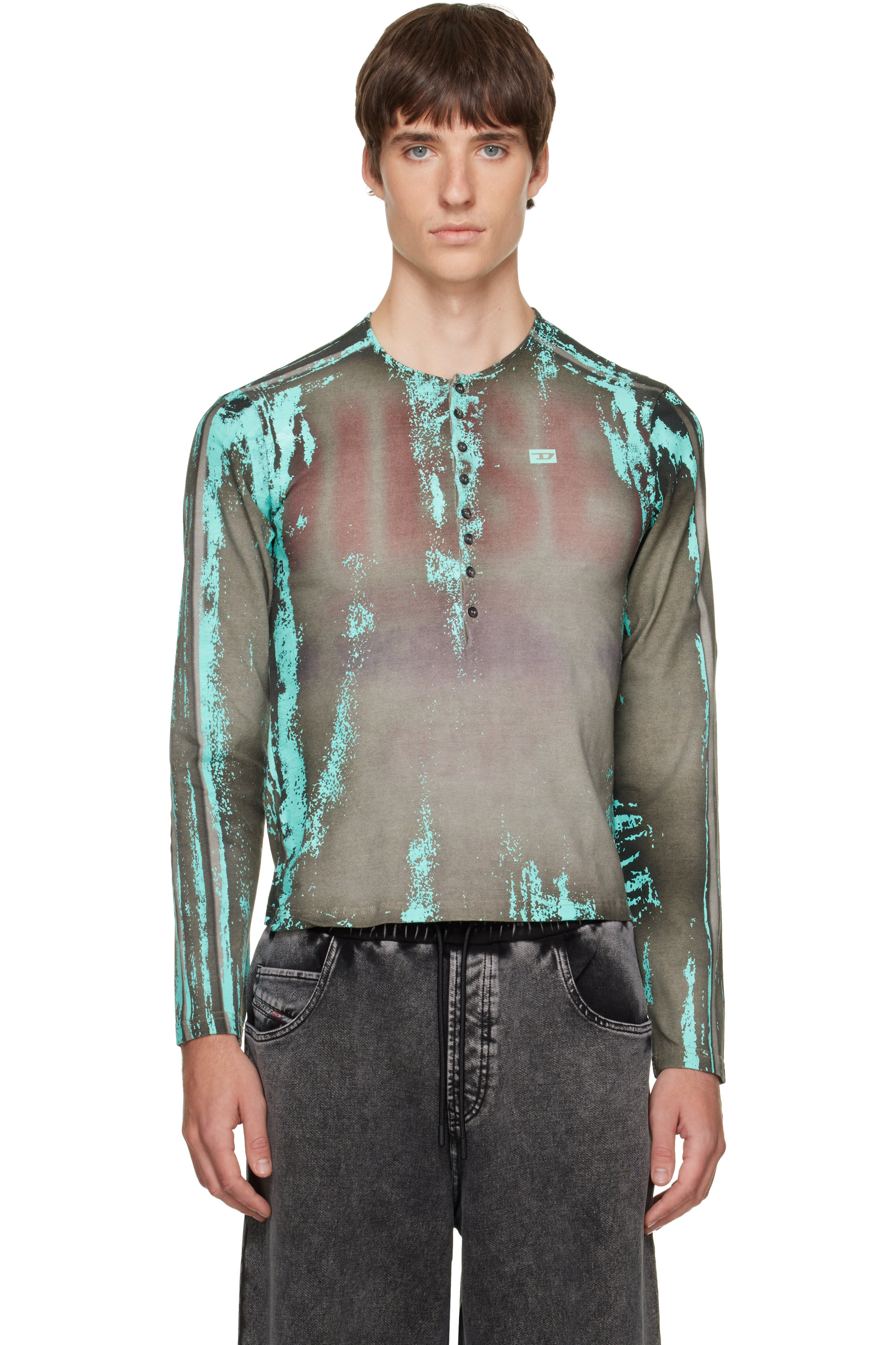 Diesel - Gray Grandad Cracked Leather-Effect Jersey Henley