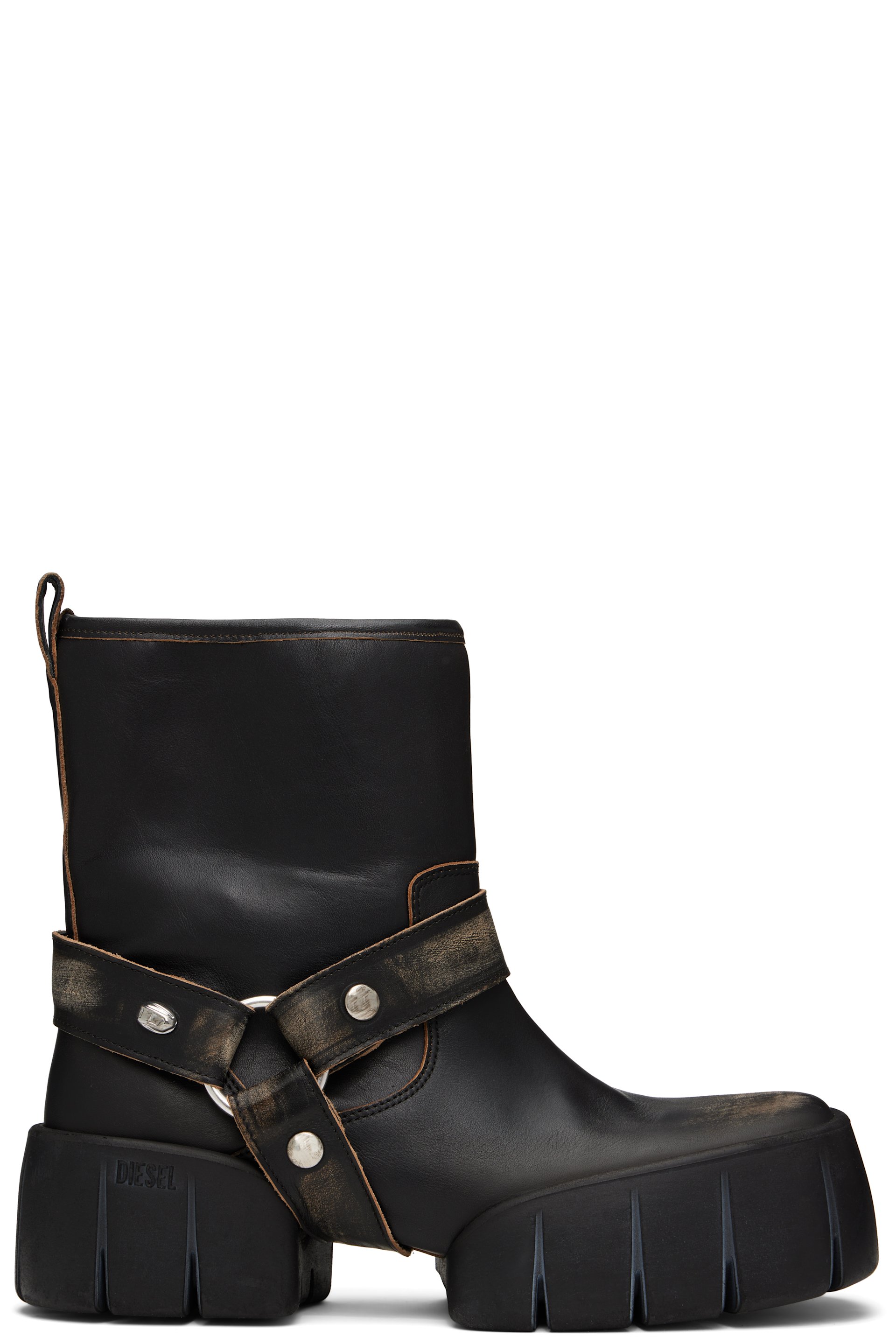 Diesel - Black D-Tex Distressed Leather Biker Boots