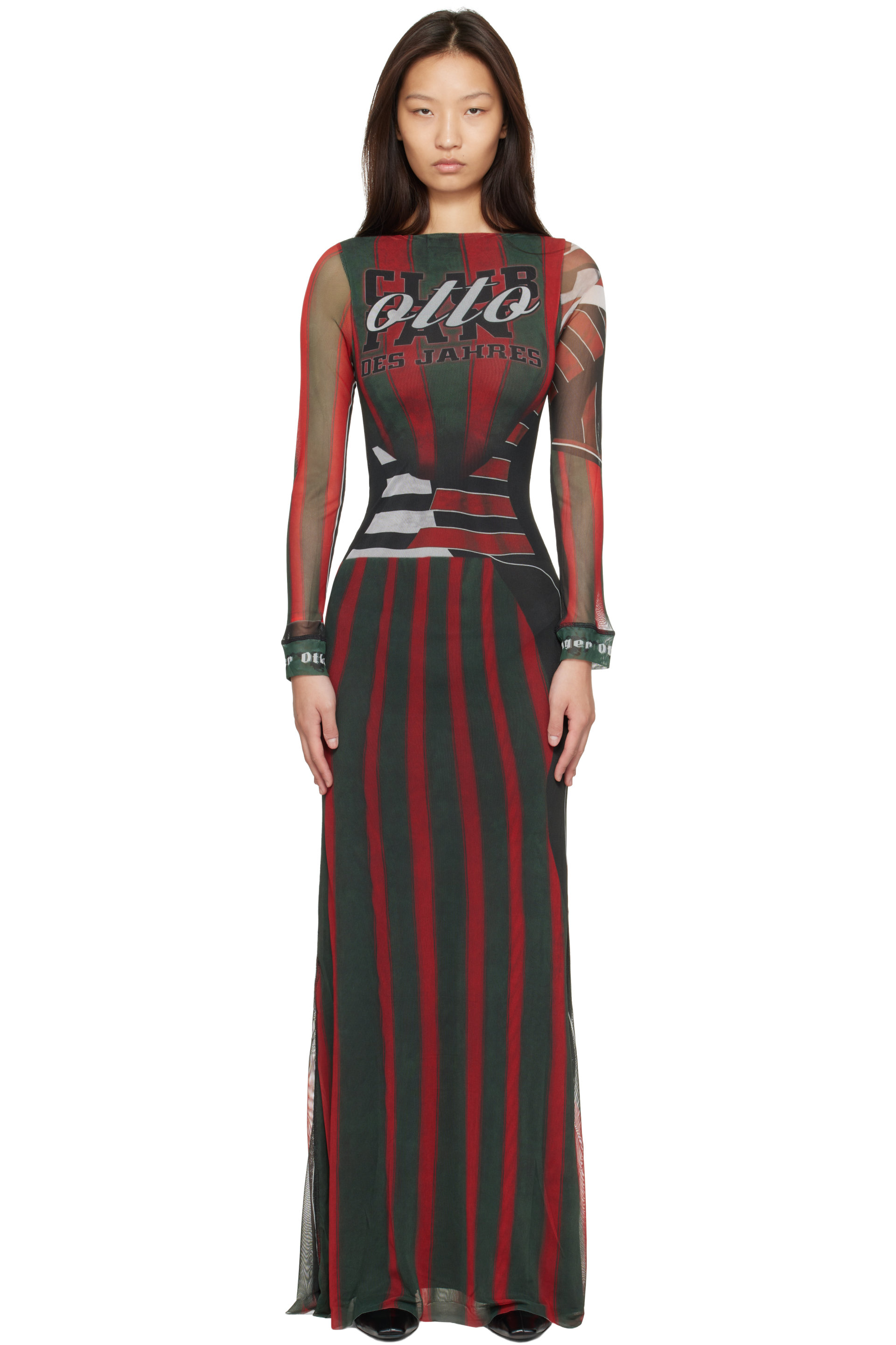 Ottolinger - Red & Green Mesh Longsleeve Maxi Dress
