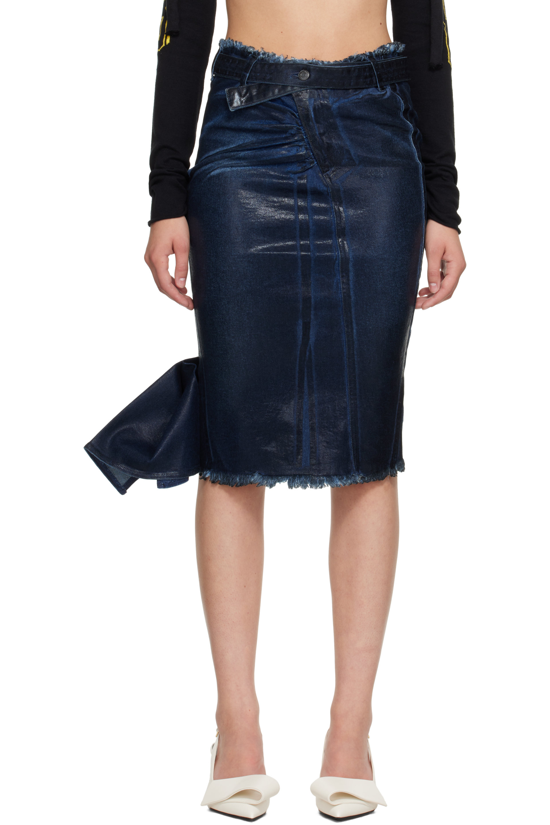 Ottolinger - Blue Glazed Denim Midi Pencil Skirt