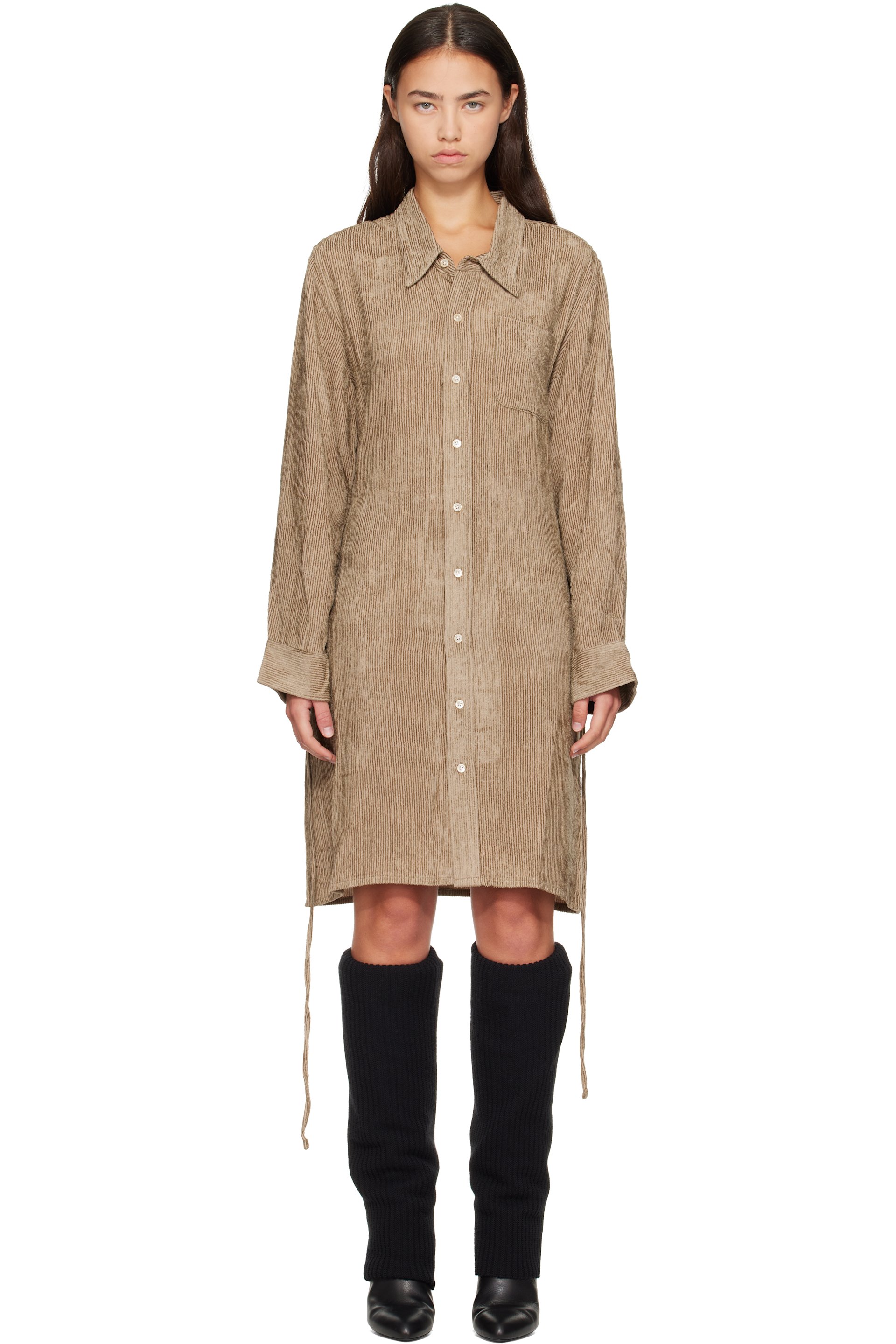 R13 - Khaki Drop Neck Shirt Midi Dress