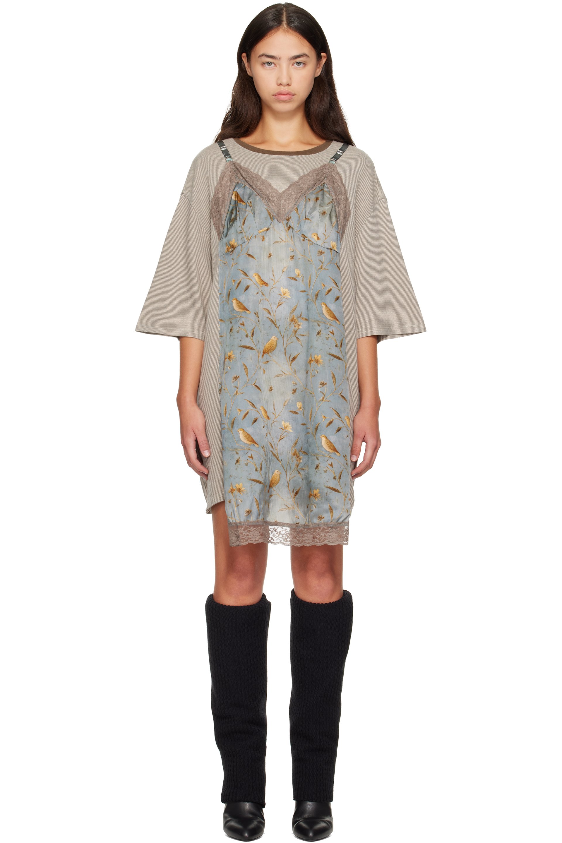 R13 - Beige & Blue Oversized Tee Slip Midi Dress