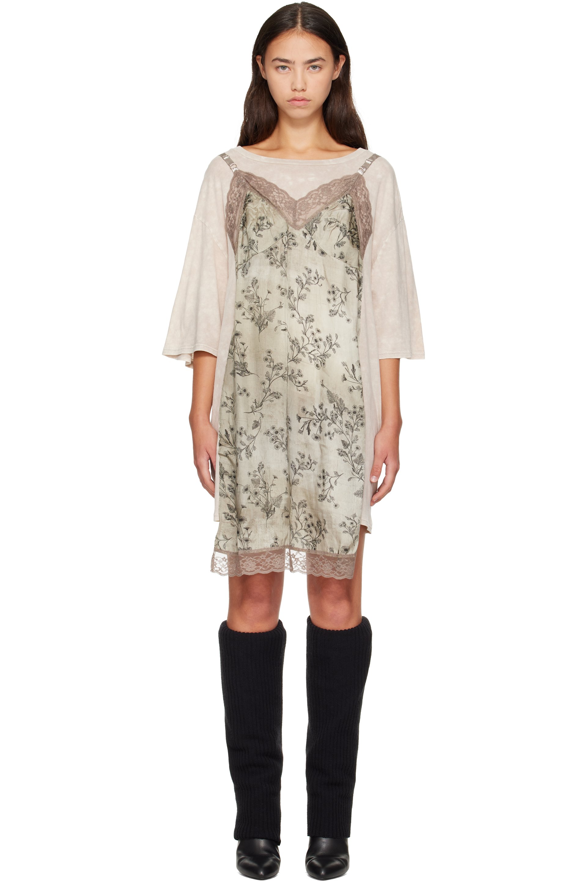 R13 - Beige & Khaki Oversized Tee Slip Midi Dress