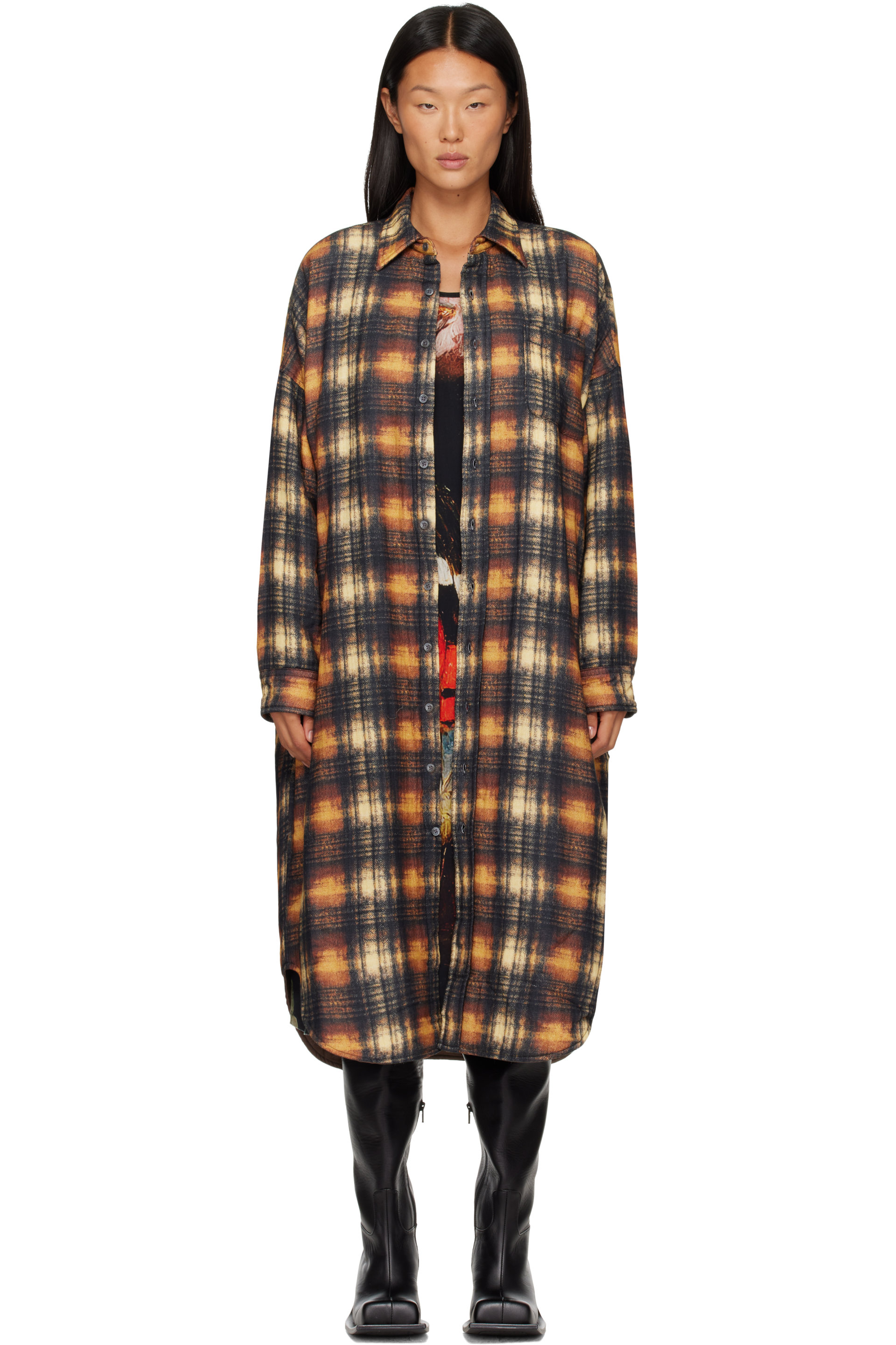 R13 - Khaki & Black Padded Jumbo Shirt Midi Dress