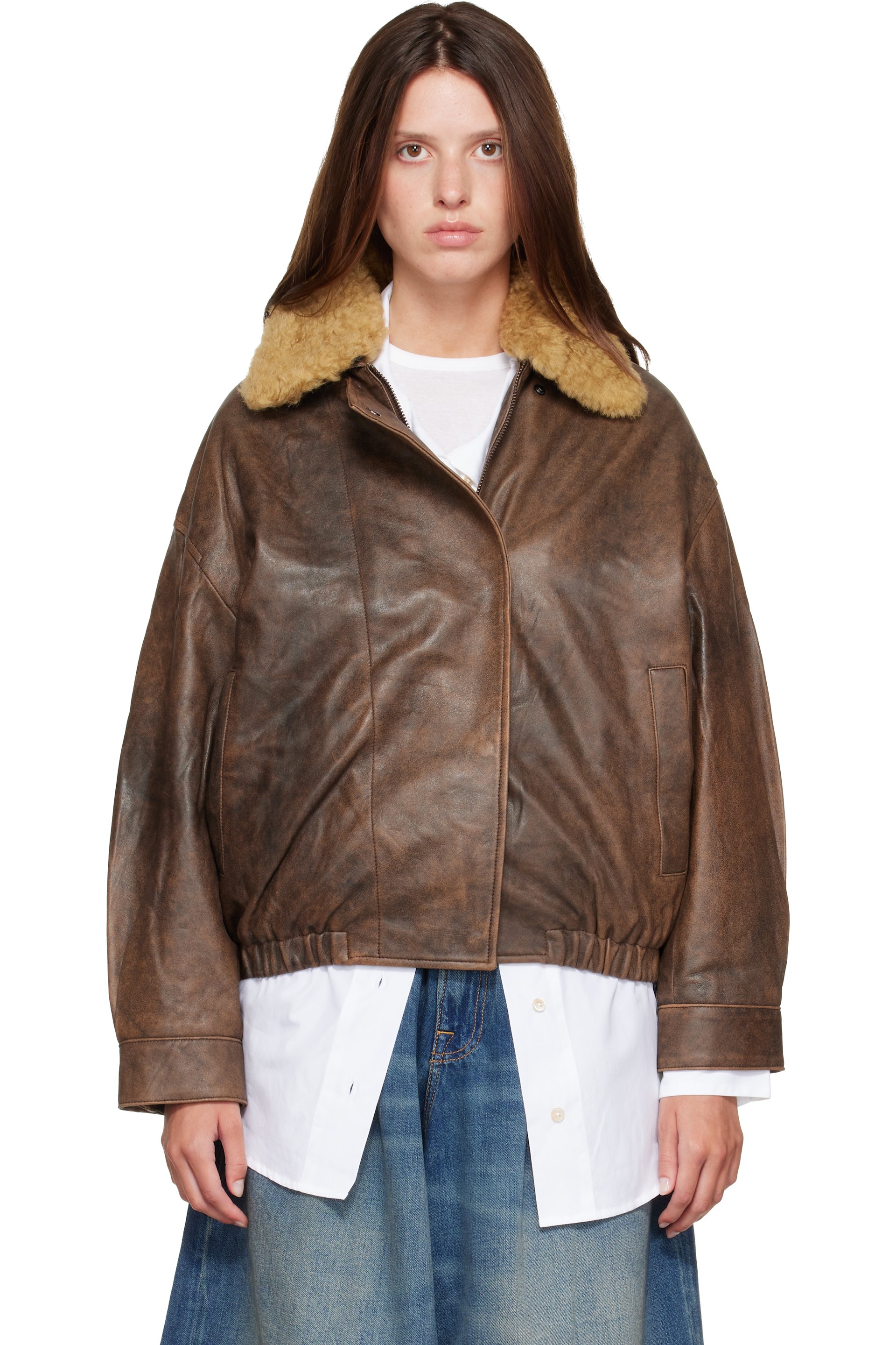 R13 - Brown Removable Collar Leather Bomber Jacket
