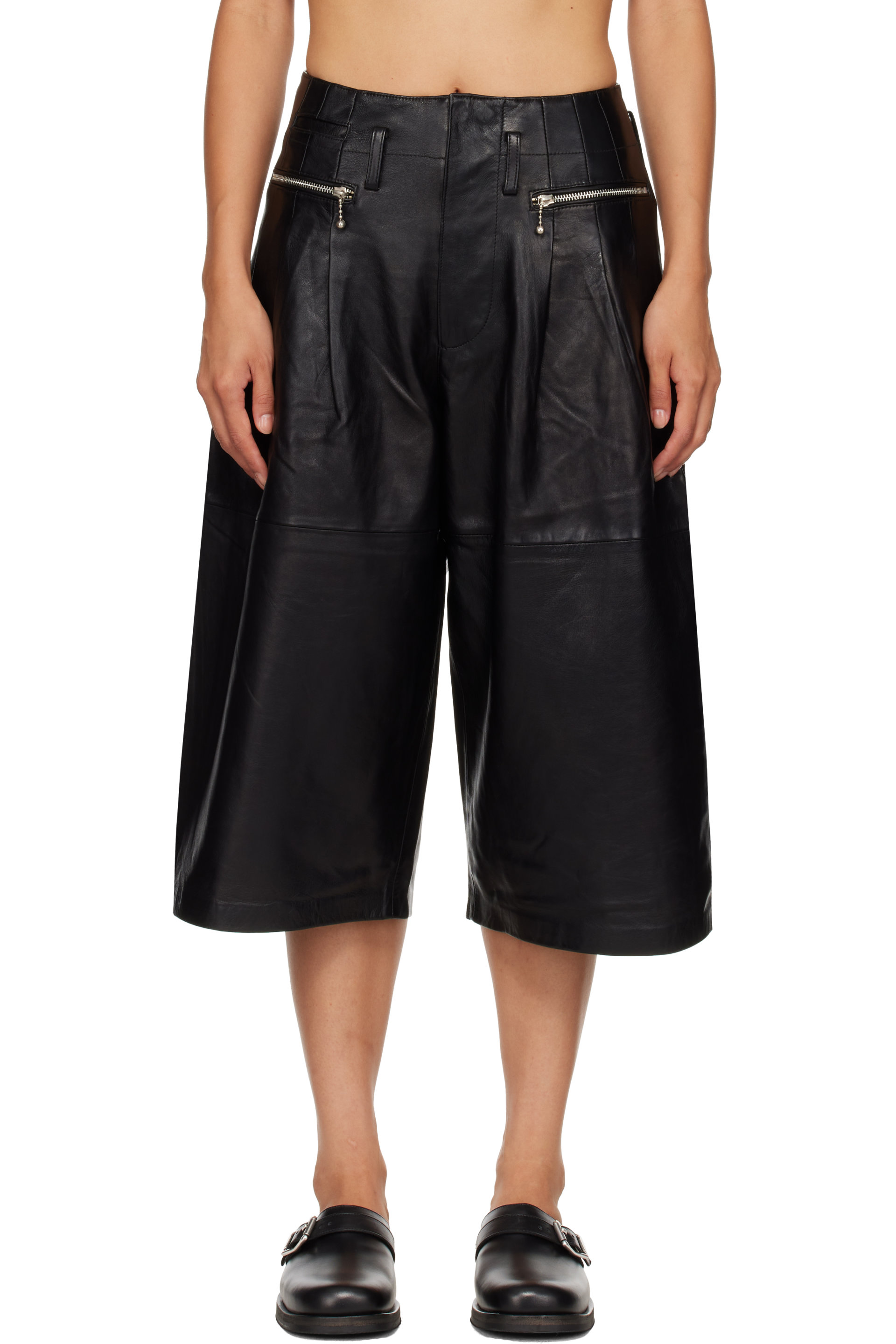 R13 - Black Triple Pleat Culotte Leather Shorts