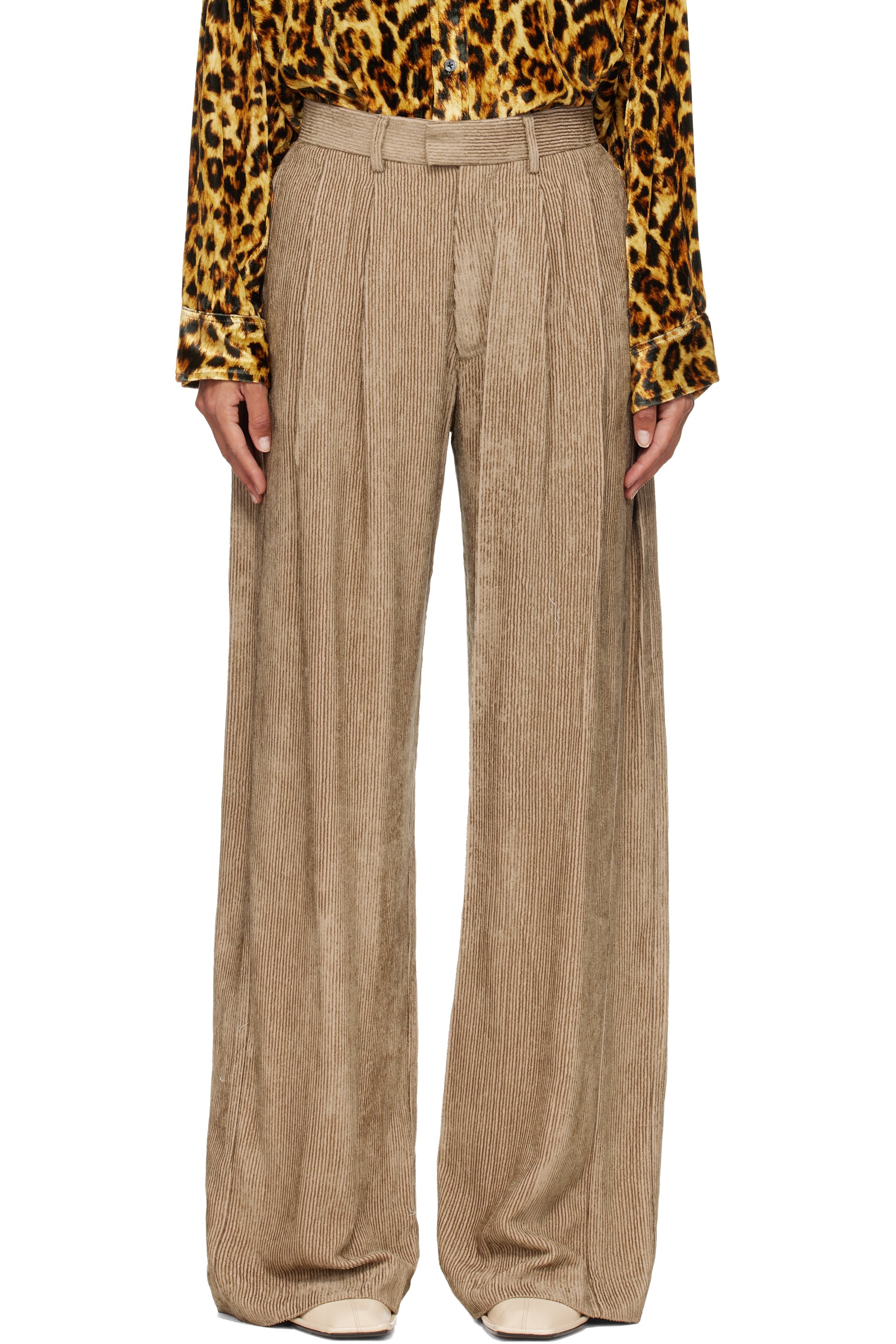 R13 - Khaki Pleated Wide Leg Trousers