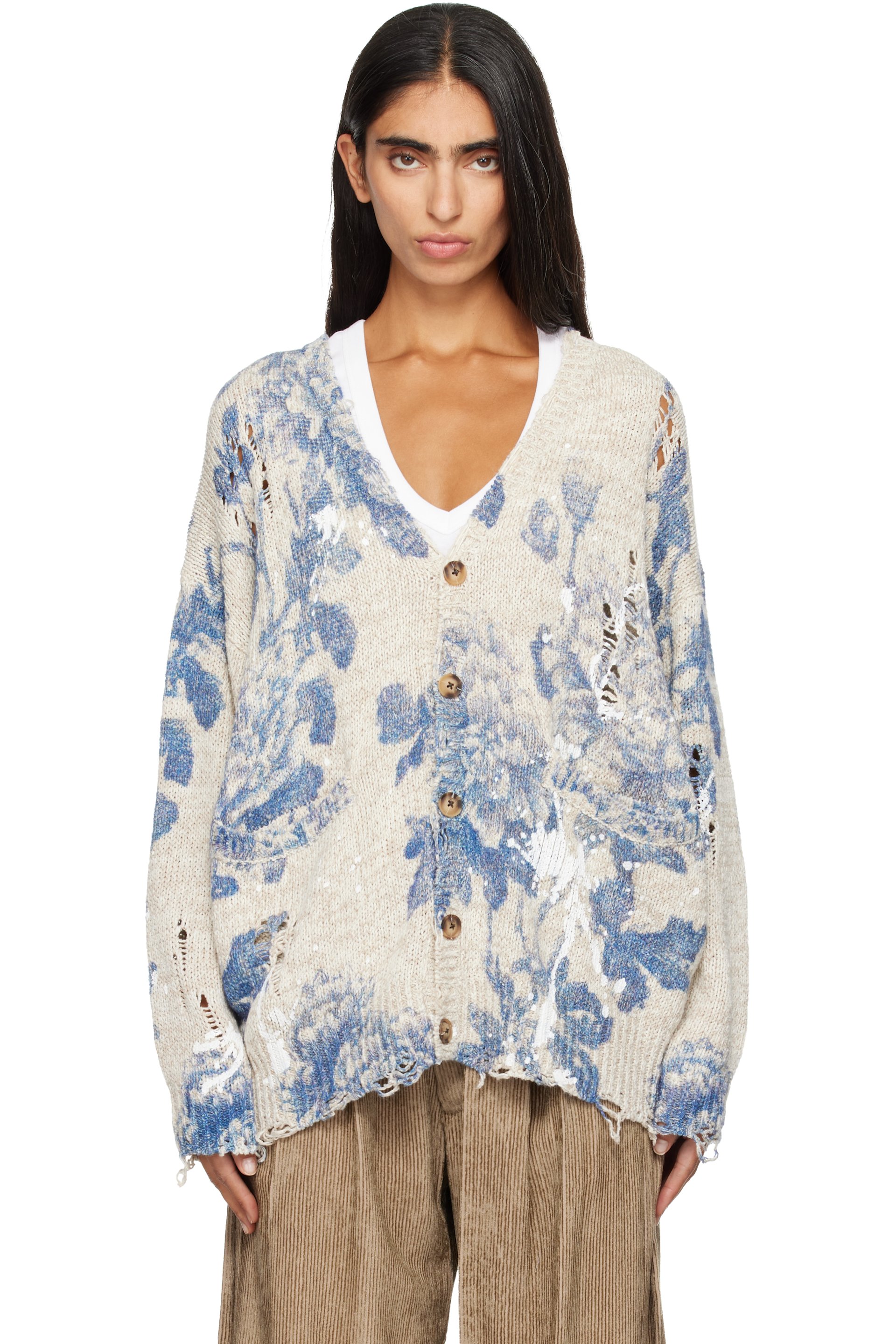 R13 - Off-White & Blue Printed Oversized Cardigan
