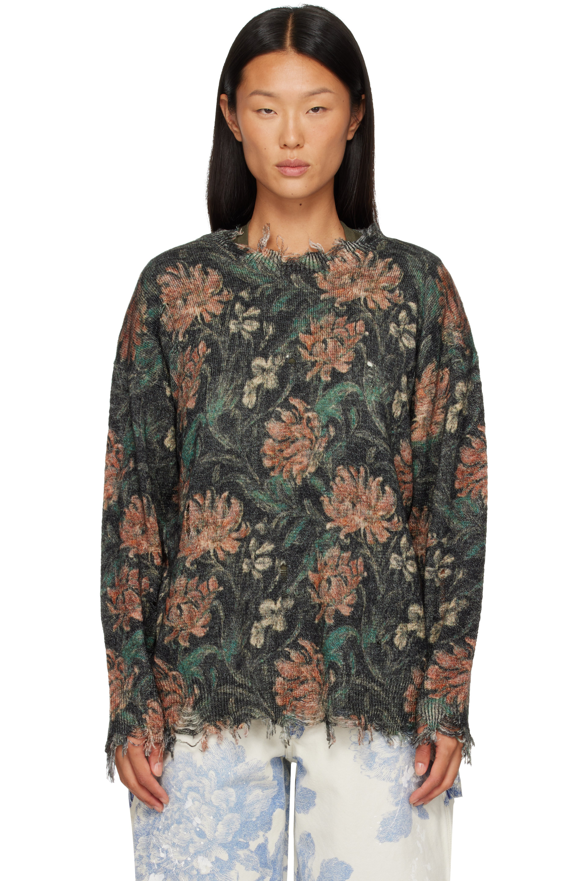 R13 - Green & Black Distressed Edge Crewneck Sweater