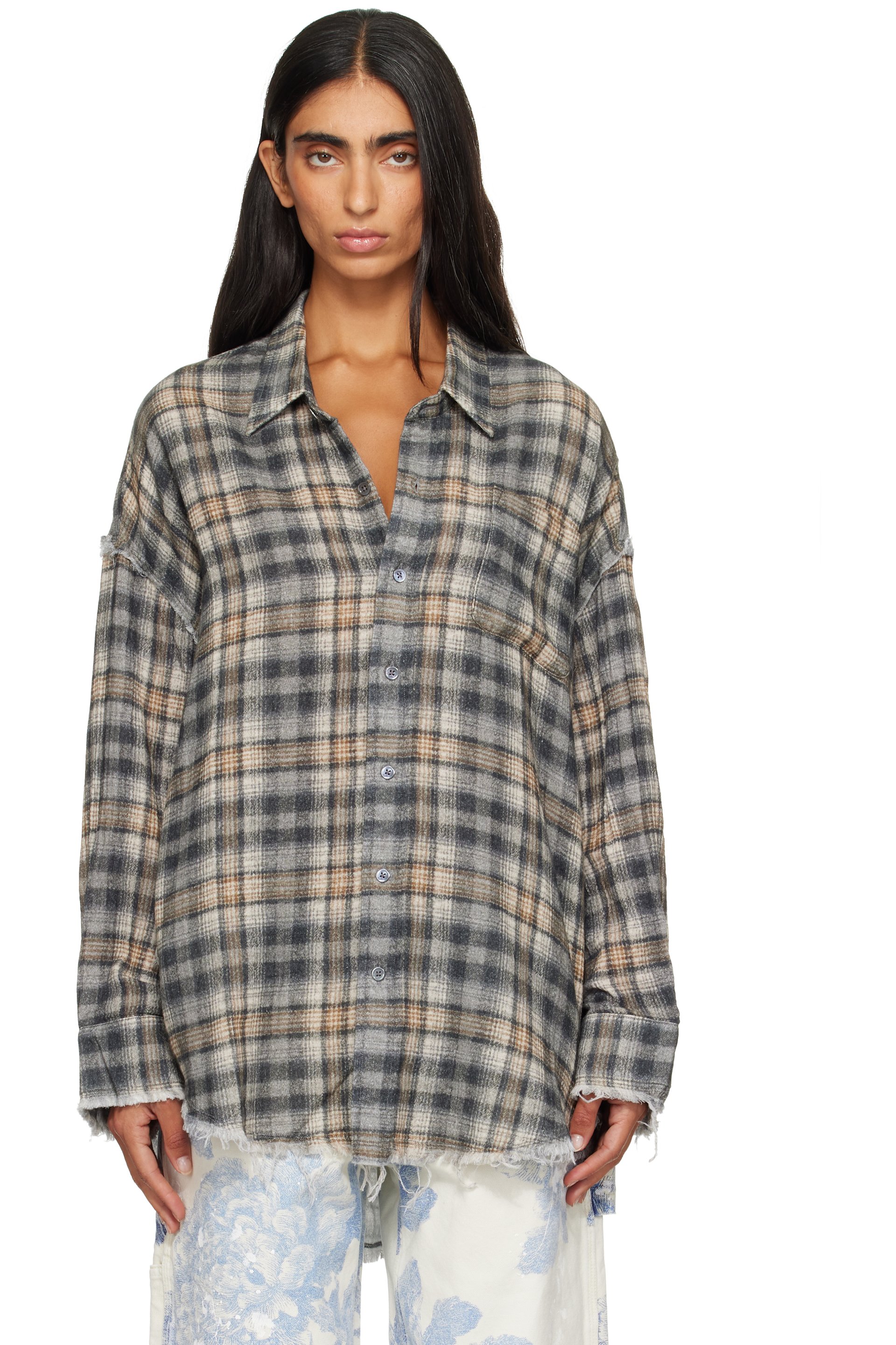 R13 - Gray Shredded Seam Drop Neck Shirt