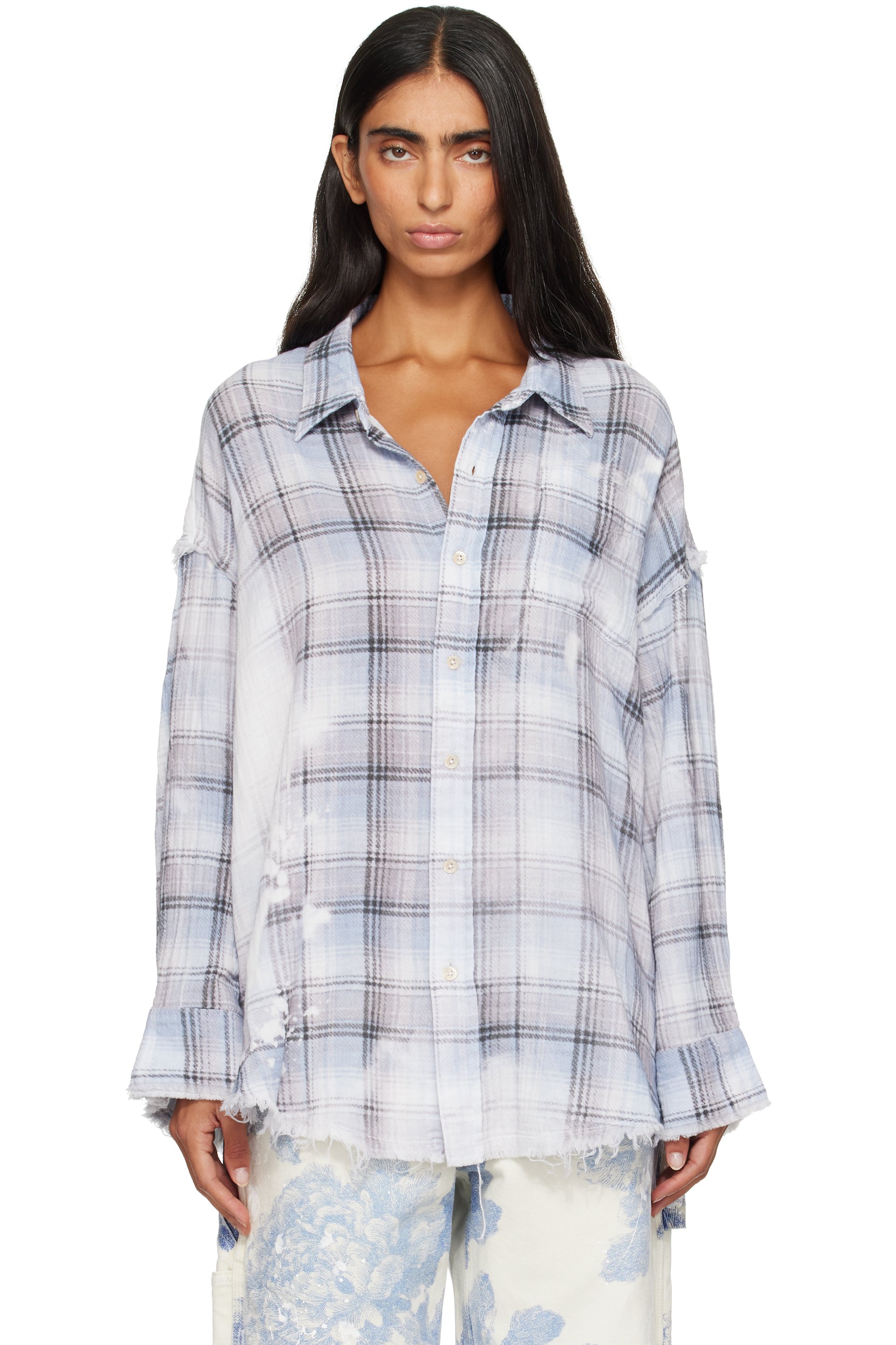 R13 - Blue Shredded Seam Drop Neck Shirt