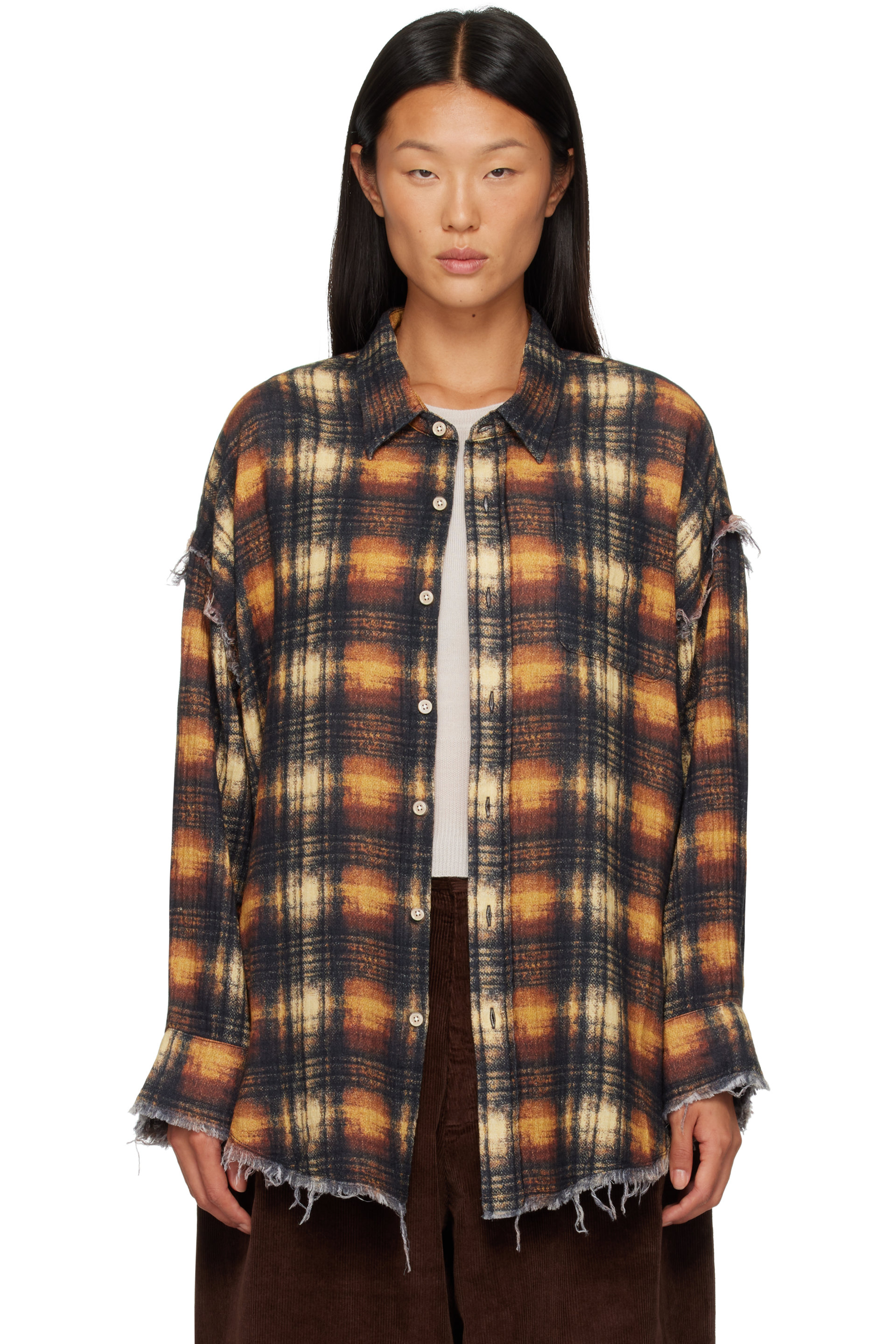 R13 - Khaki & Black Shredded Seam Drop Neck Shirt
