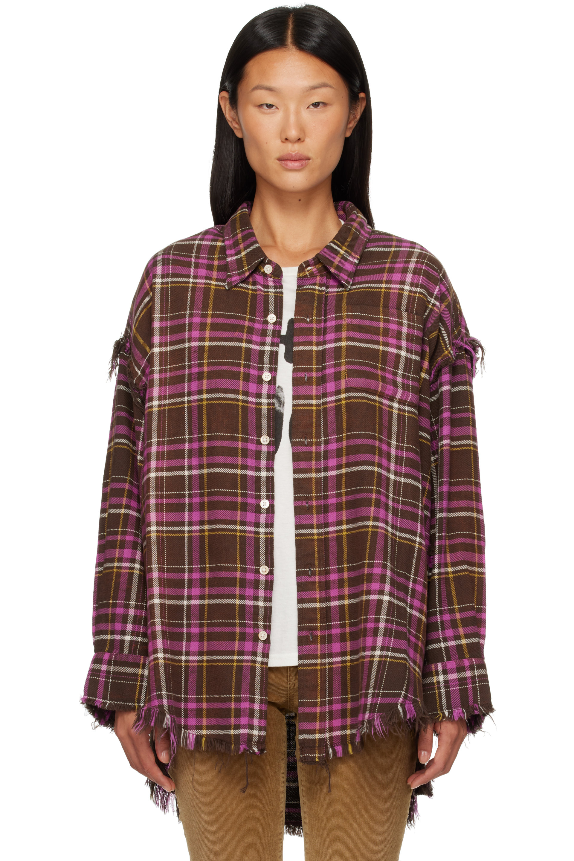R13 - Brown & Pink Shredded Seam Drop Neck Shirt