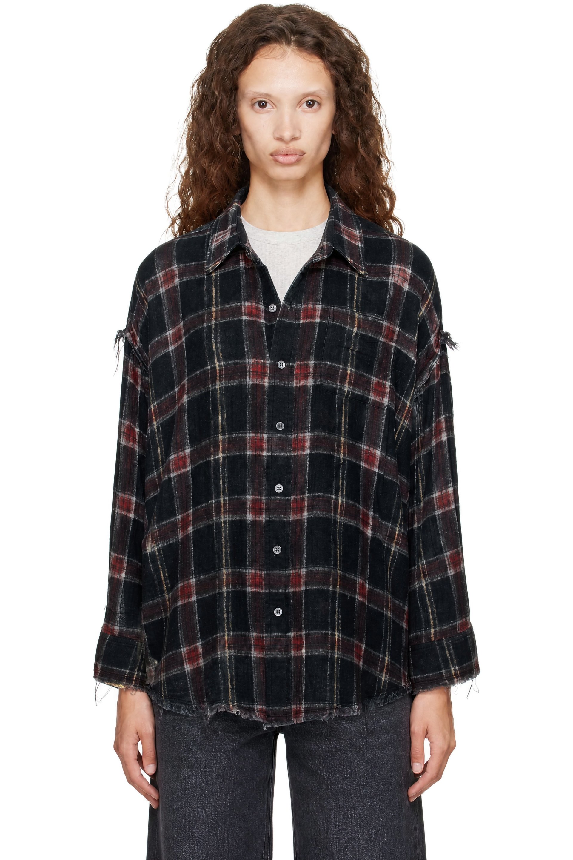 R13 - Black Reversible Shredded Seam Drop Neck Shirt