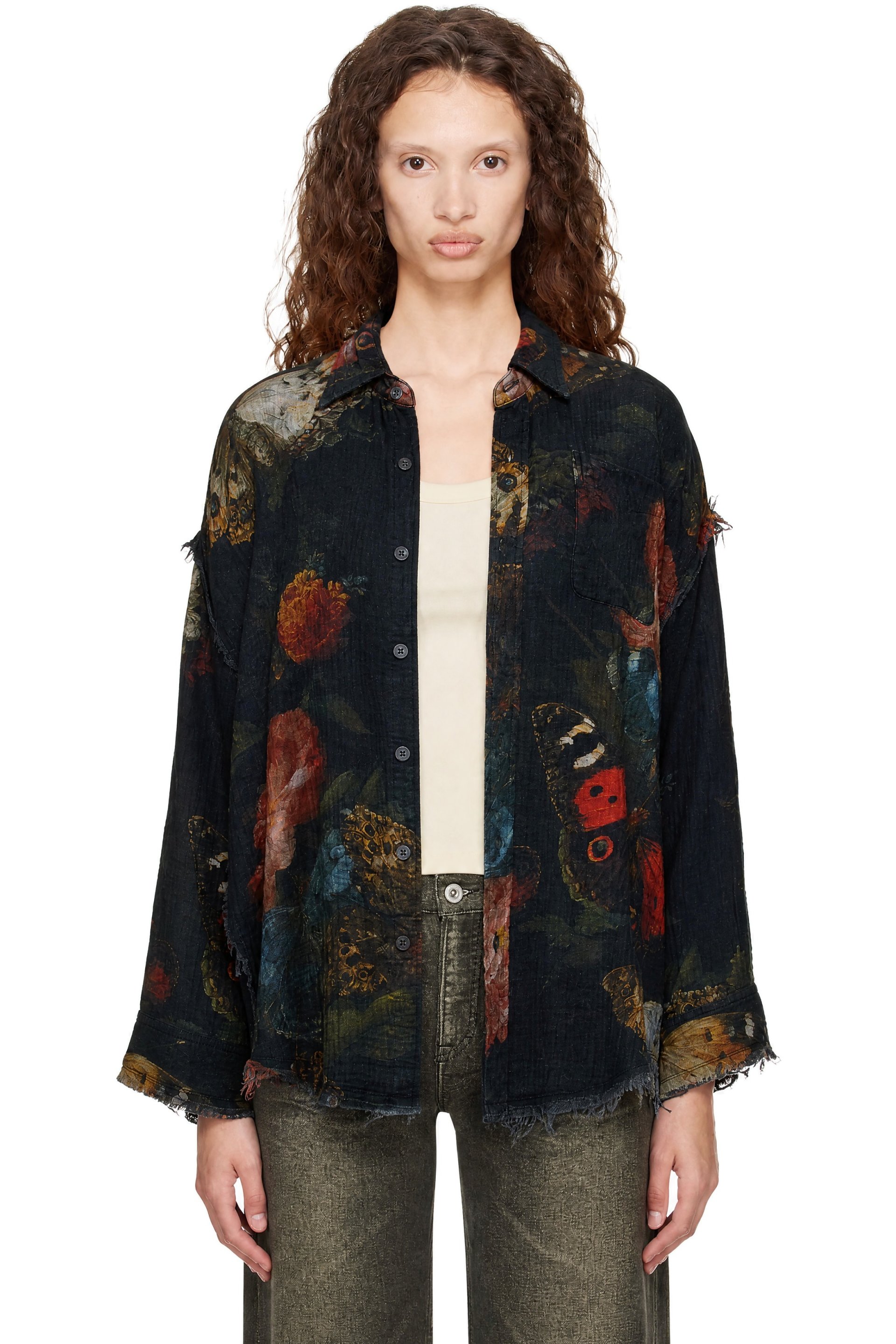 R13 - Black Reversible Shredded Seam Drop Neck Shirt