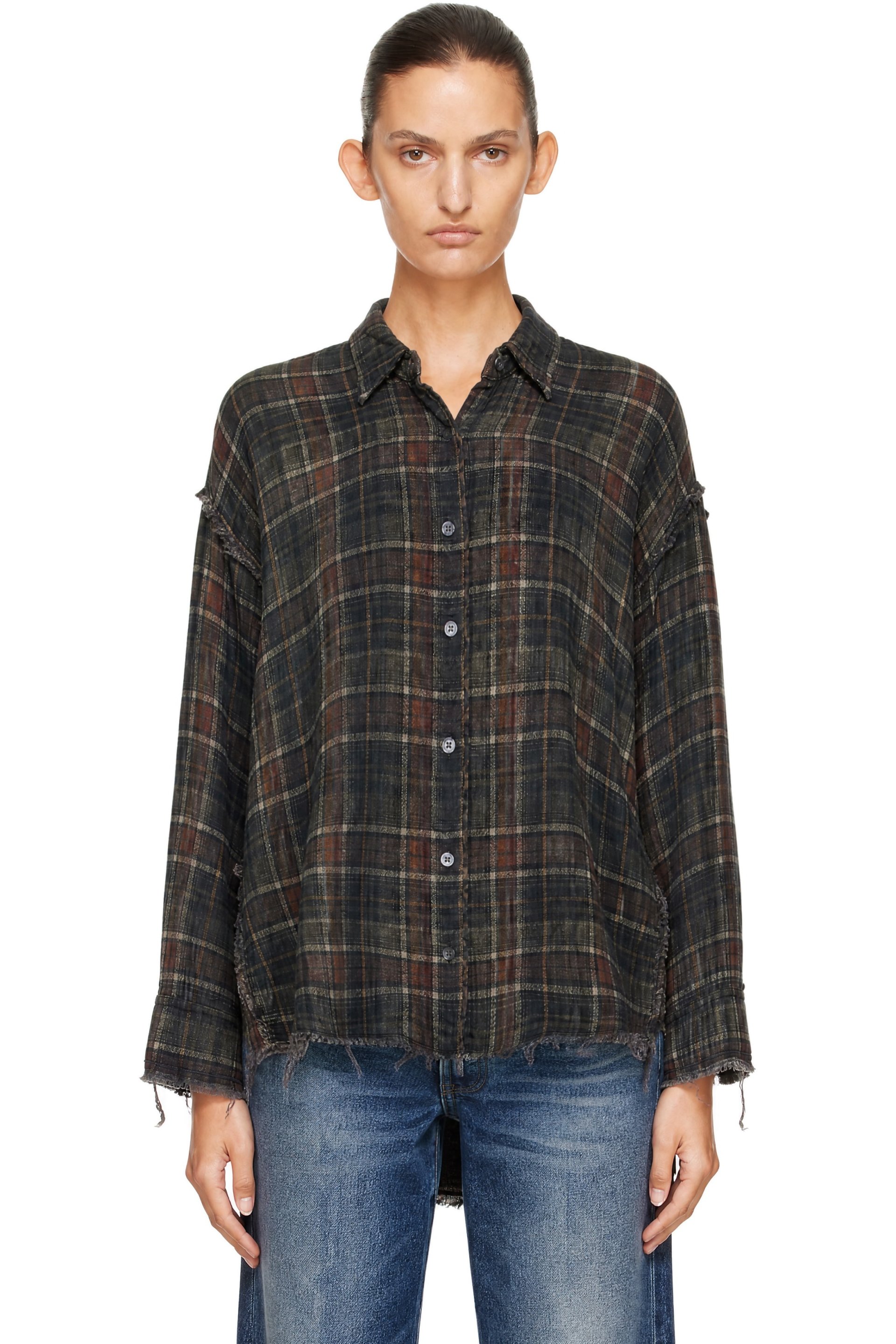 R13 - Brown Shredded Seam Drop Neck Reversible Shirt