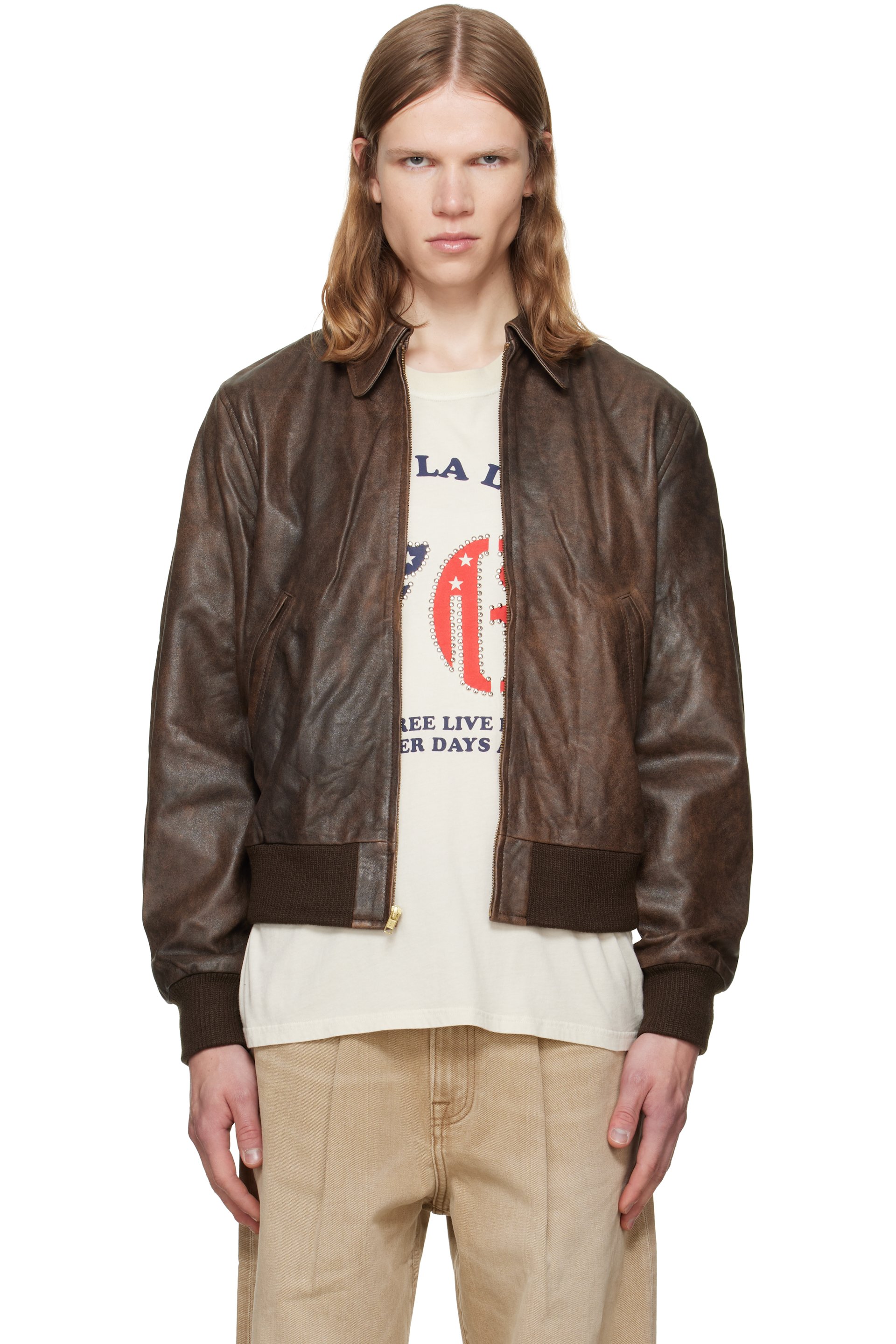 R13 - Brown Boyfriend Leather Bomber Jacket