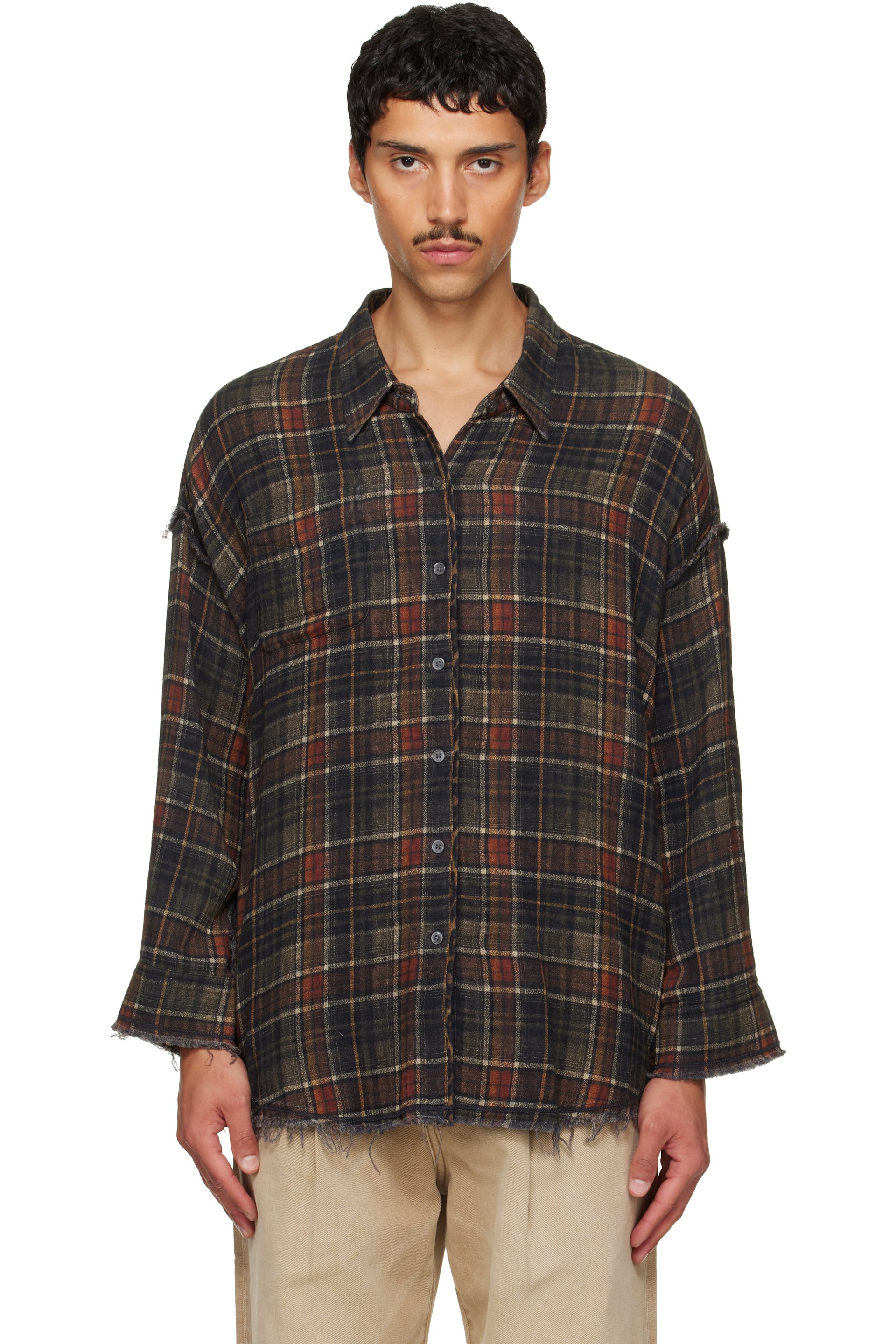 R13 - Brown Shredded Seam Drop Neck Reversible Shirt