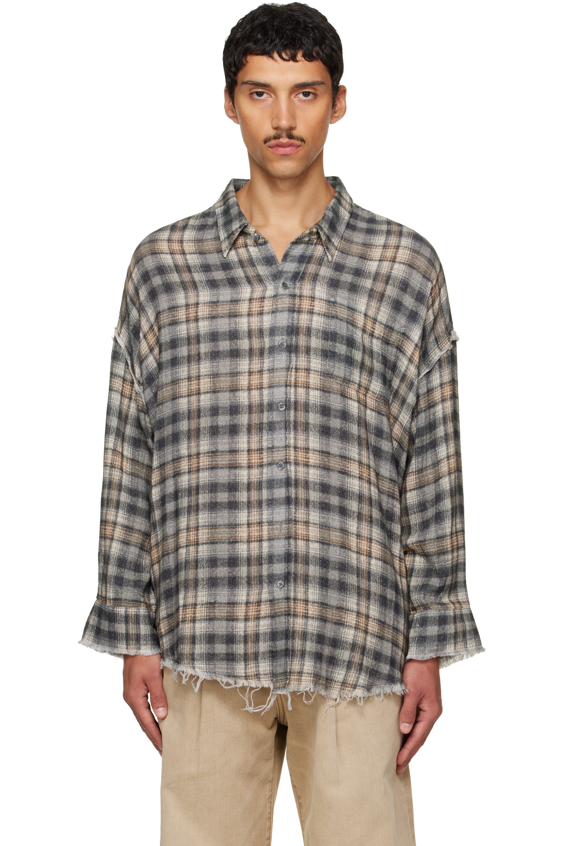 R13 - Gray Shredded Seam Drop Neck Shirt