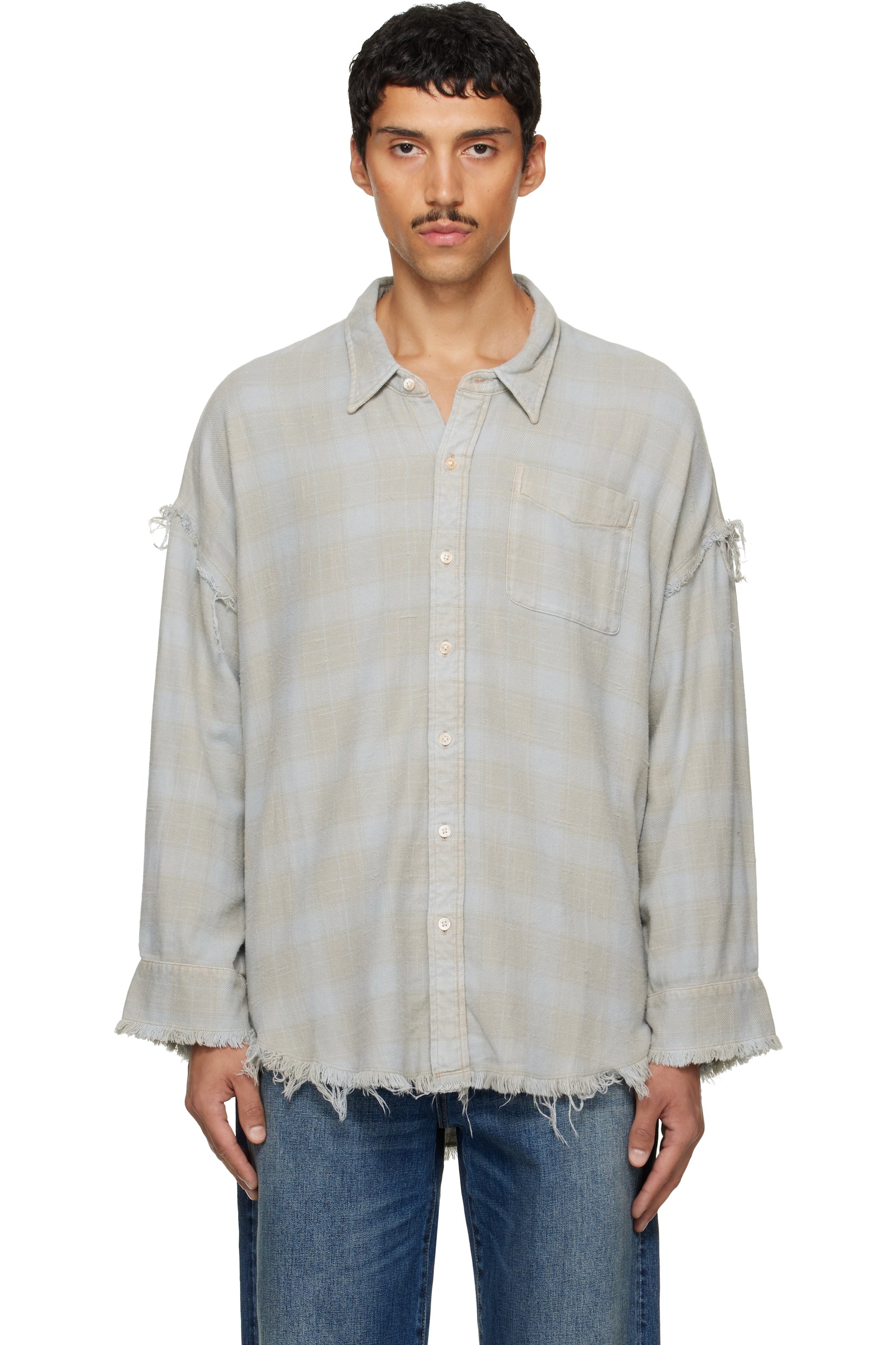 R13 - Blue & Gray Shredded Seam Drop Neck Shirt
