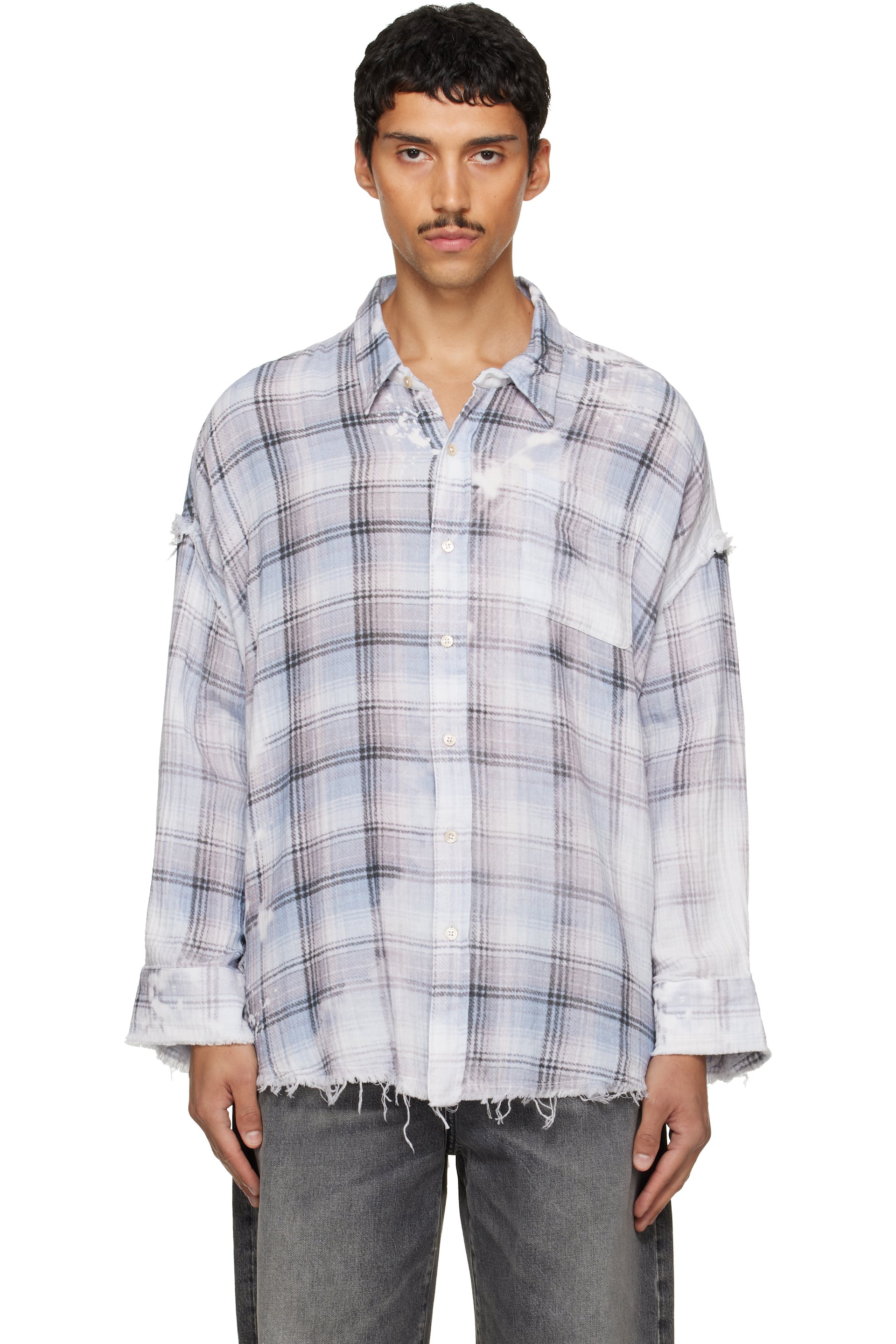 R13 - Blue Shredded Seam Drop Neck Shirt