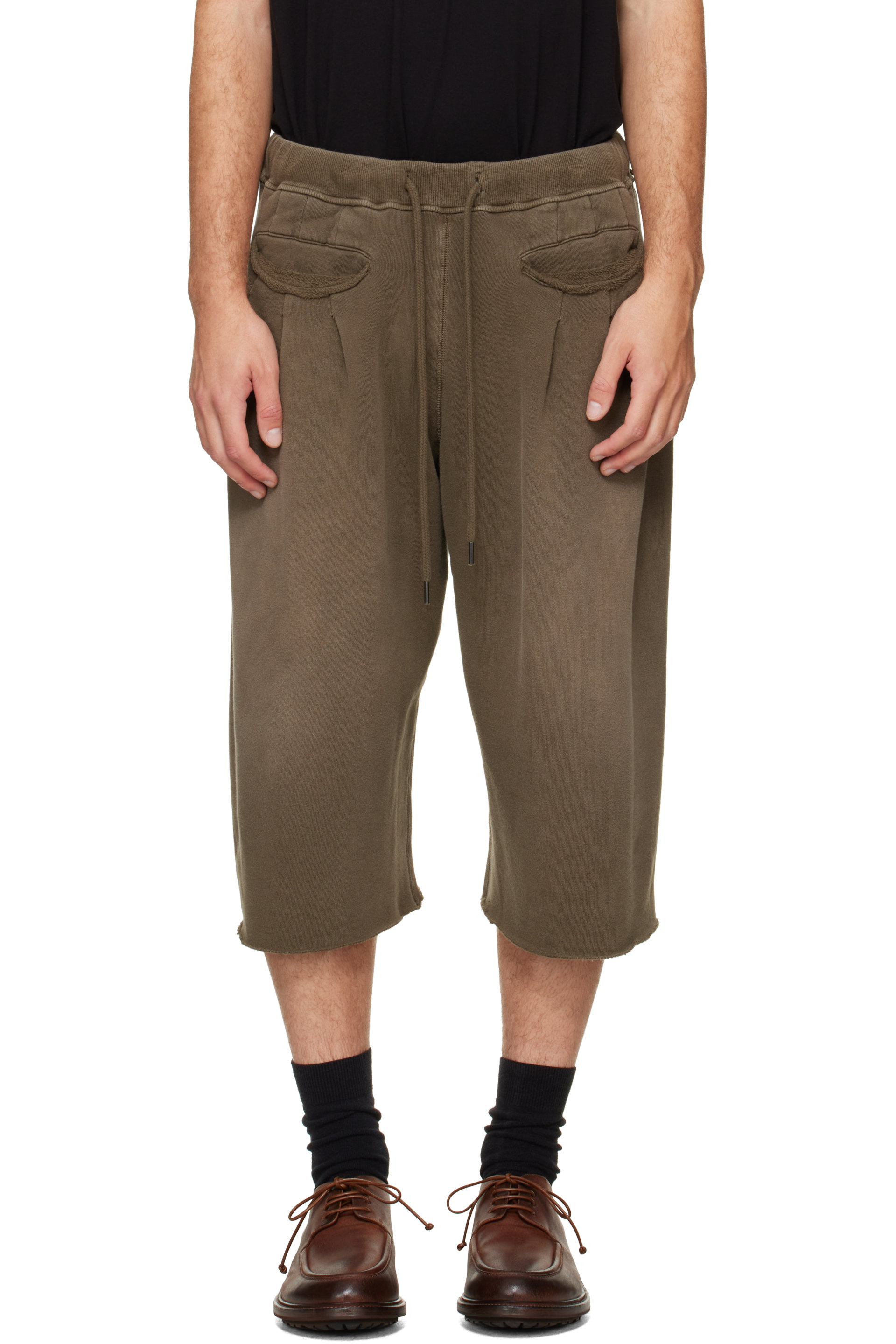 R13 - Khaki Triple Pleat Sweat Shorts