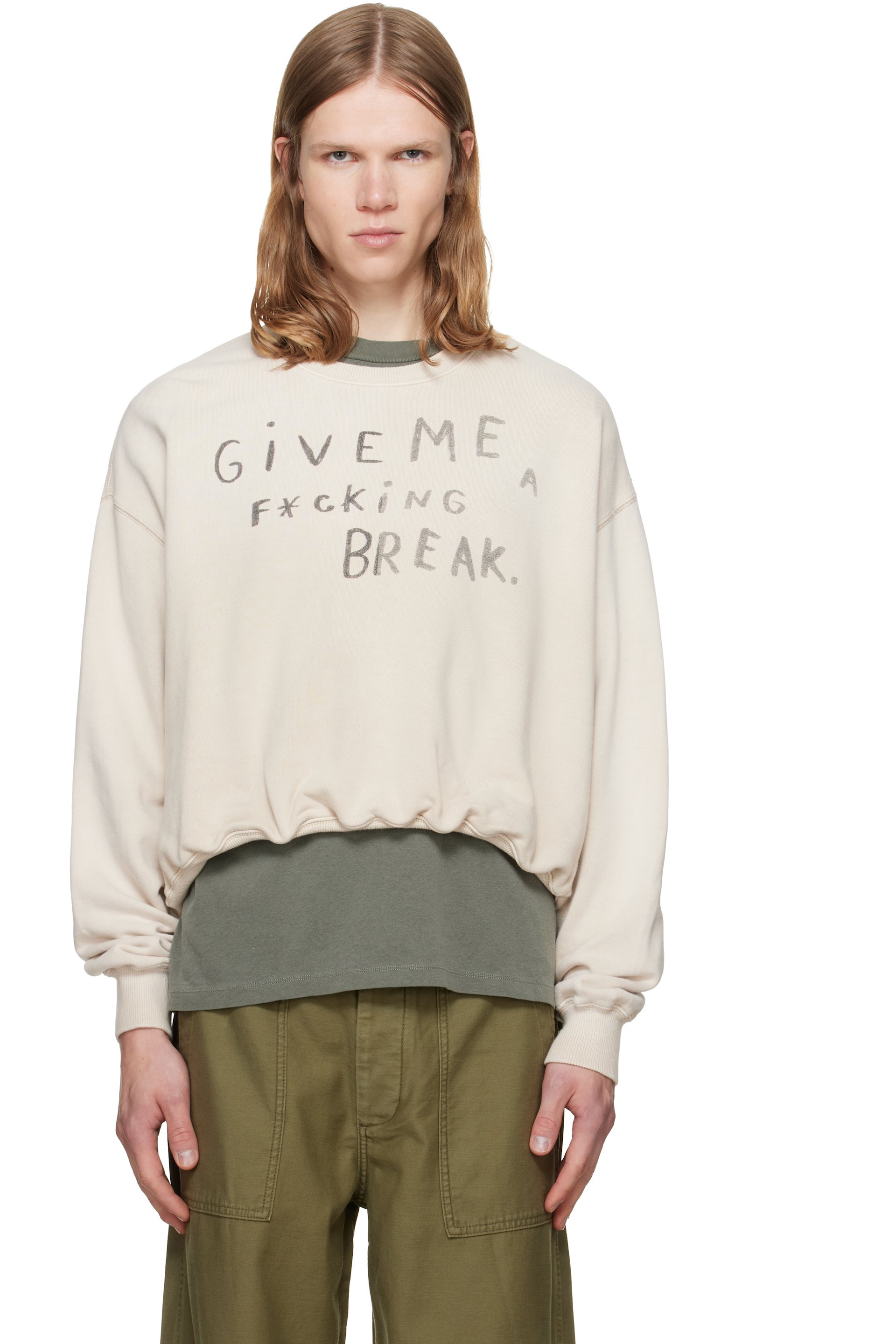 R13 - Beige 'Give Me A Break' Balloon Crewneck Sweatshirt