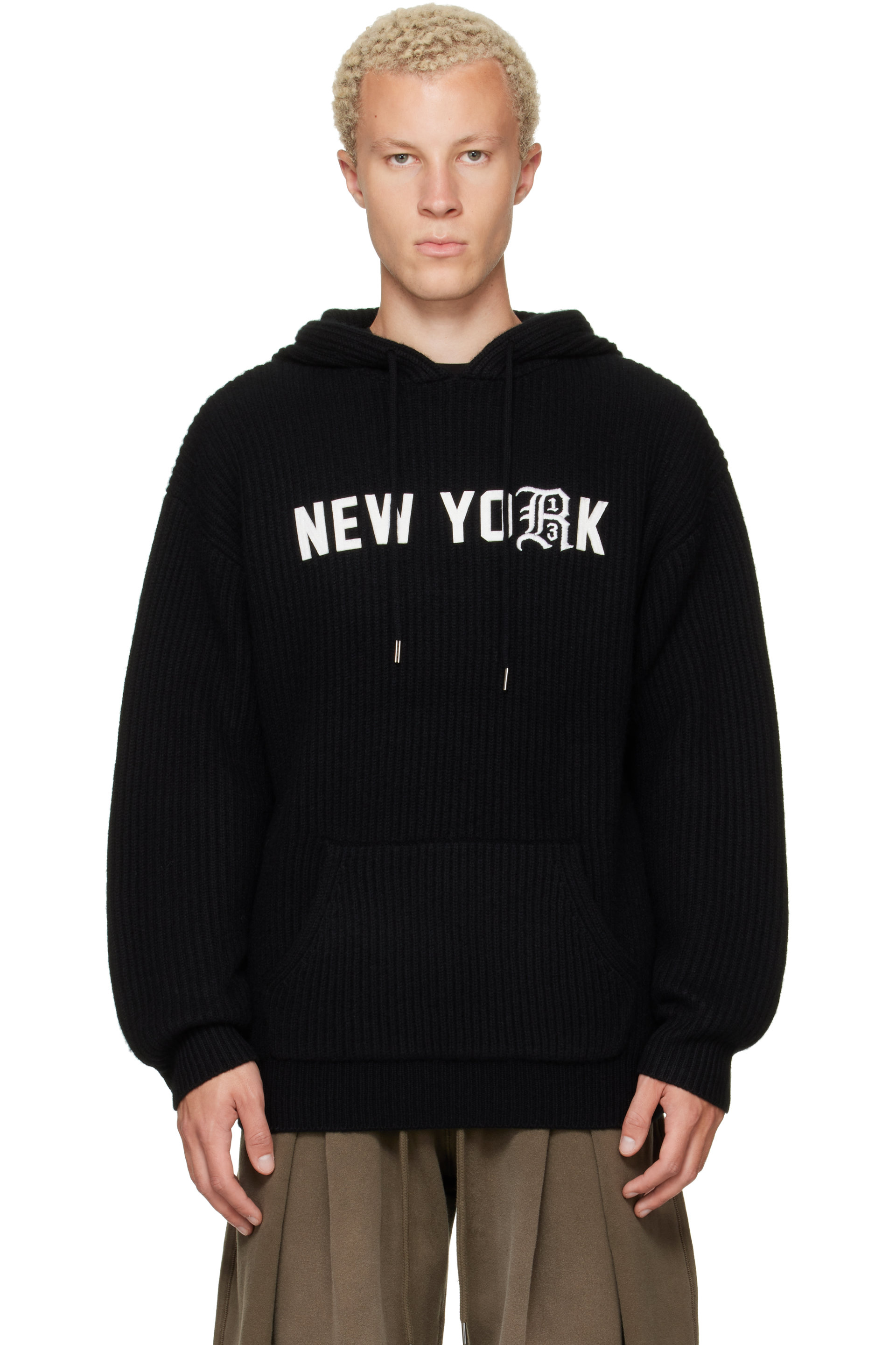 R13 - Pull à capuche surdimensionné 'New York' noir en cachemire