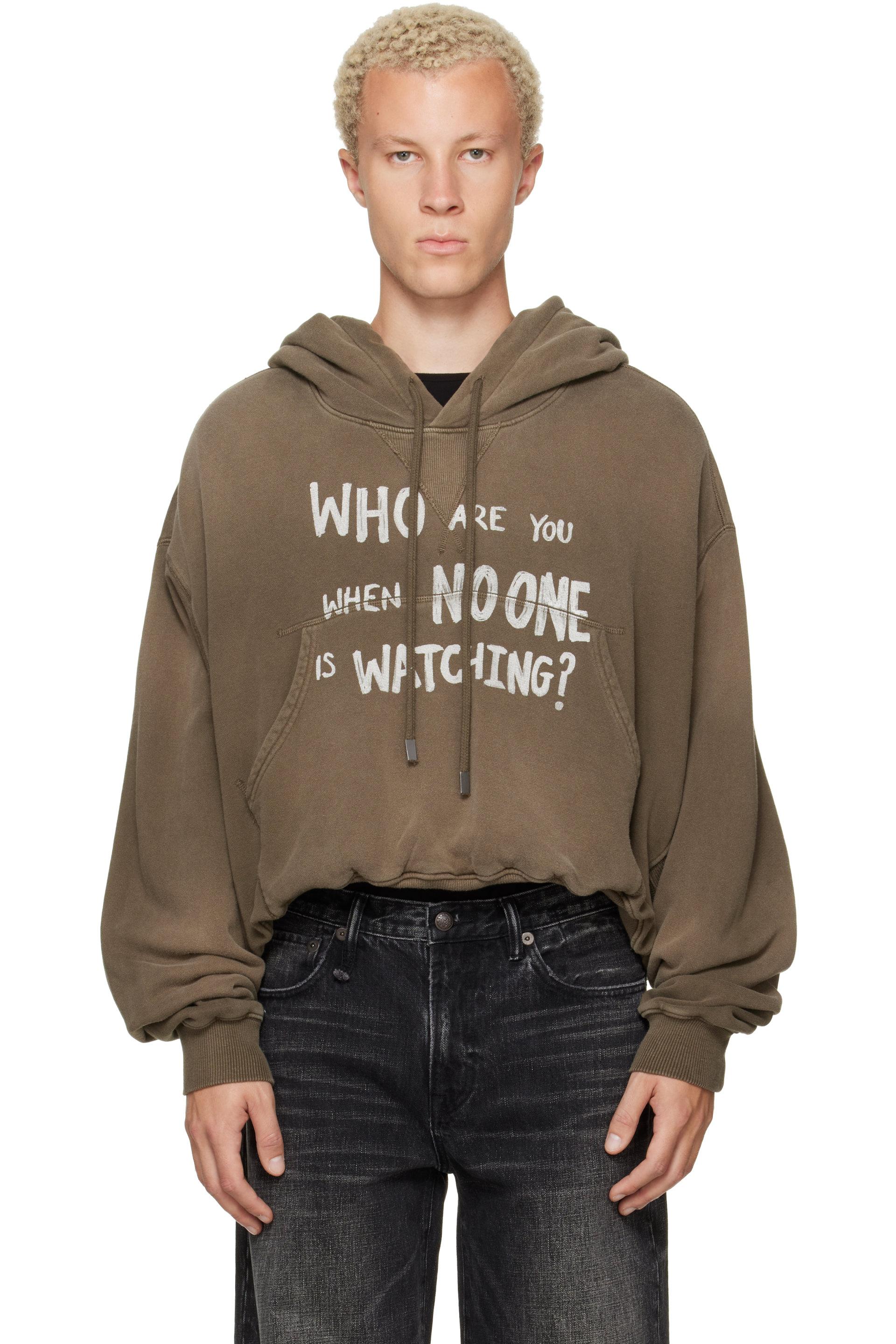 R13 - Pull à capuche 'Who Are You' kaki à ourlet bouffant