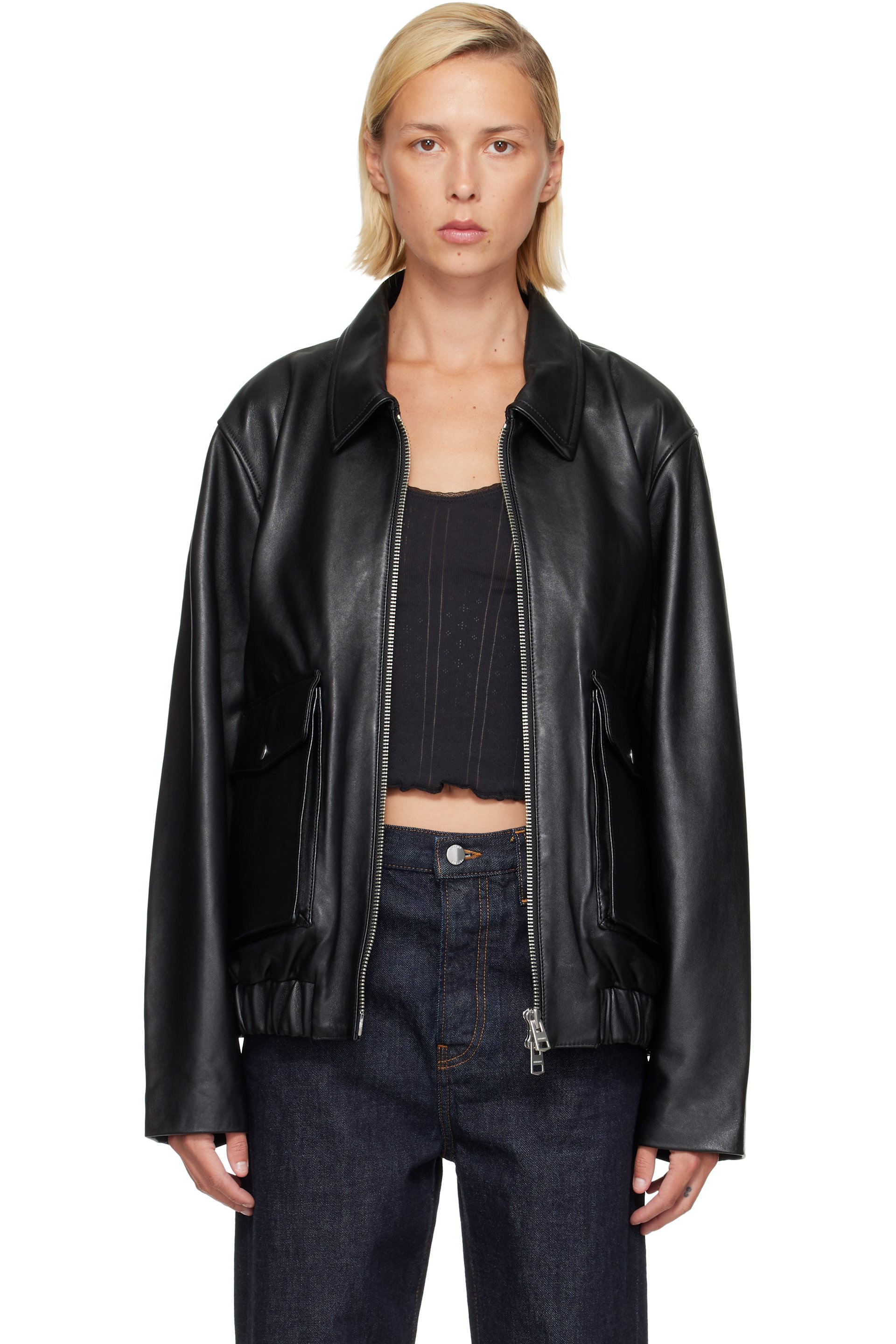 Citizens of Humanity - Black Zip Front Leather Bomber Jacket
