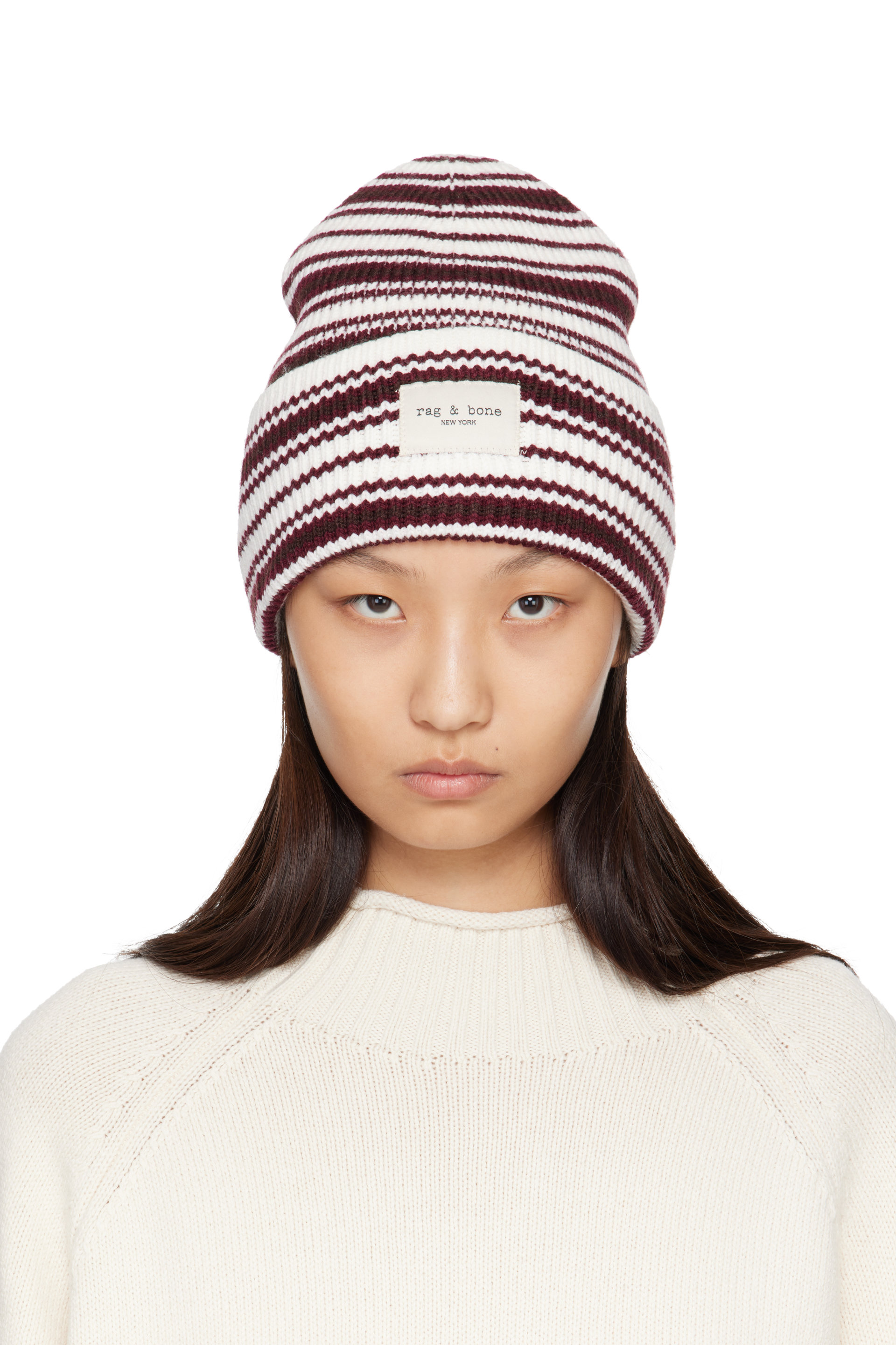 rag & bone - White & Brown Blake Rib-Knit Stripe Beanie