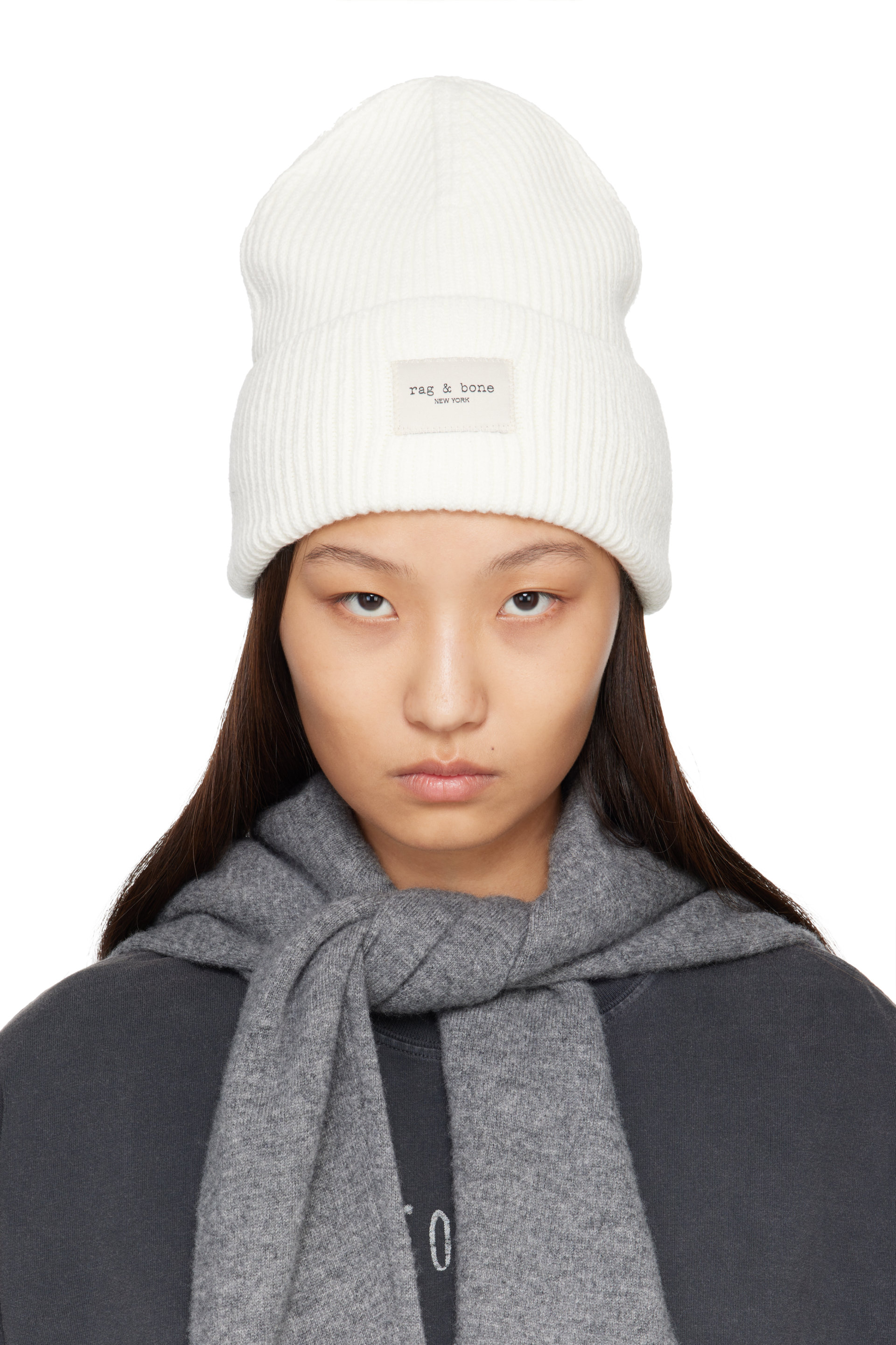 rag & bone - White Blake Rib-Knit Beanie