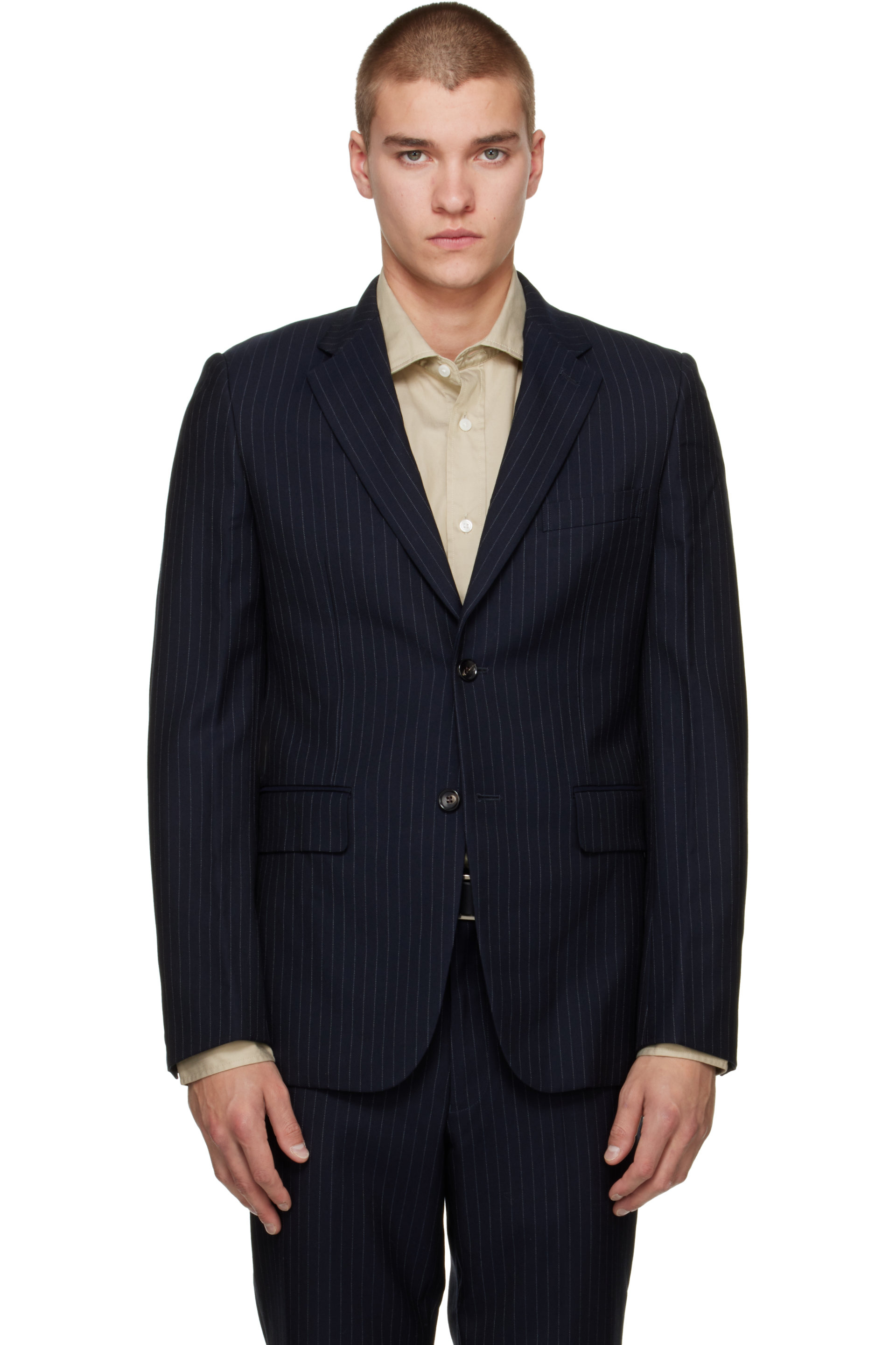 Comme des Garçons Homme Deux - 海军蓝 Wool Cashmere Pinstripe 西装外套