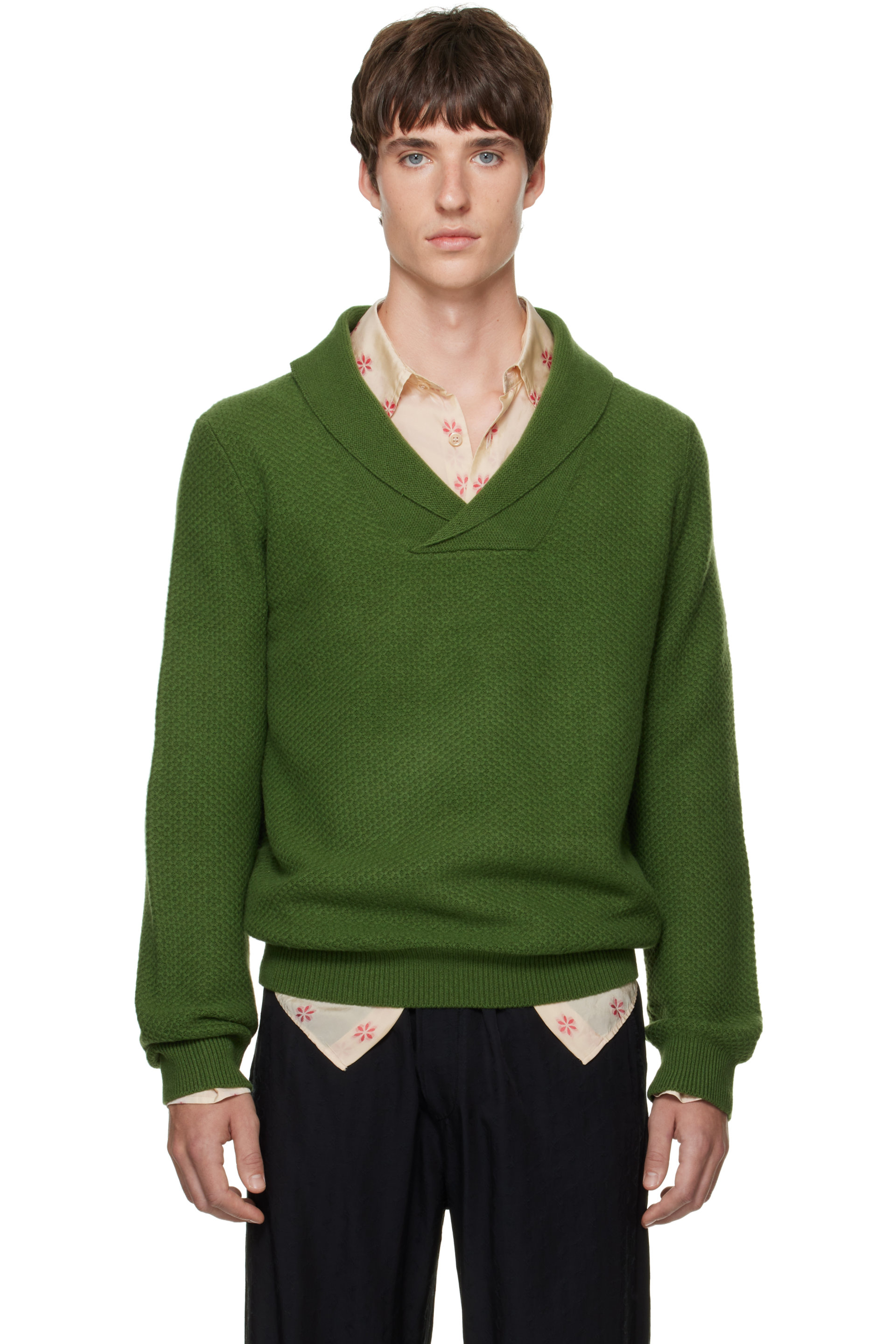 SOSHIOTSUKI - Pull vert en tricot à col châle