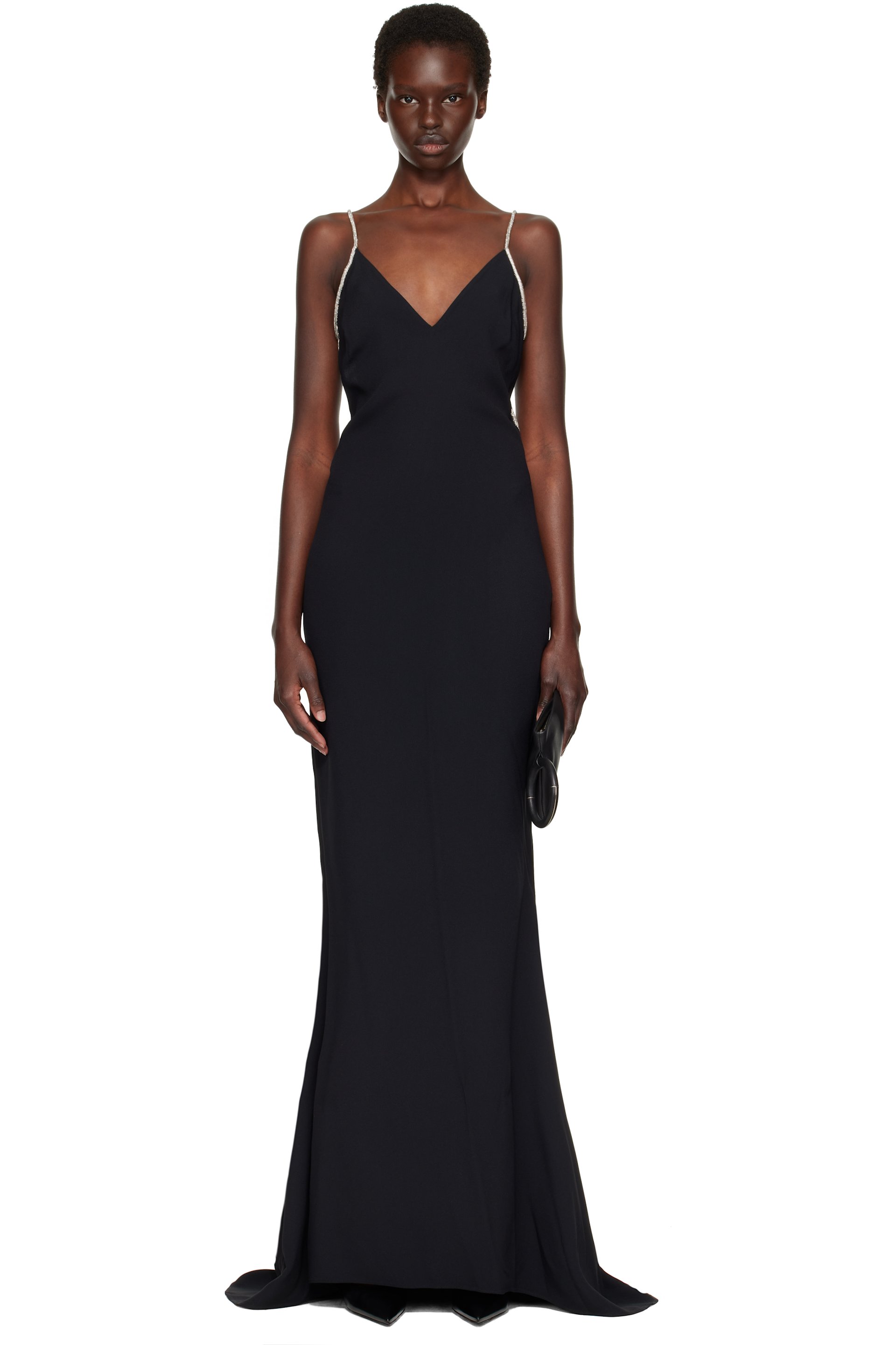 TOM FORD - Black Crystal Chain Satin Maxi Evening Dress