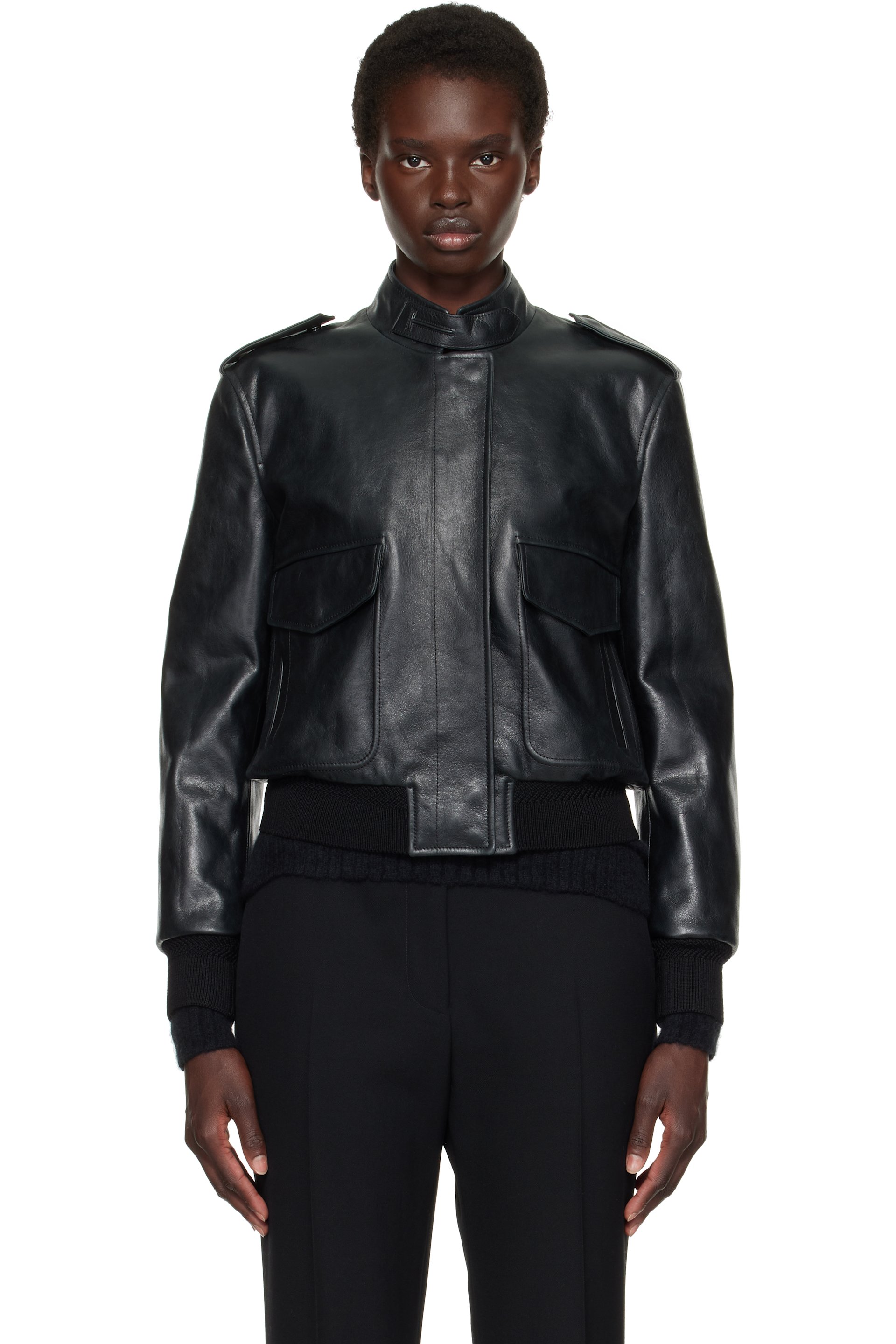 TOM FORD - Black Natural Grain Leather Aviator Jacket