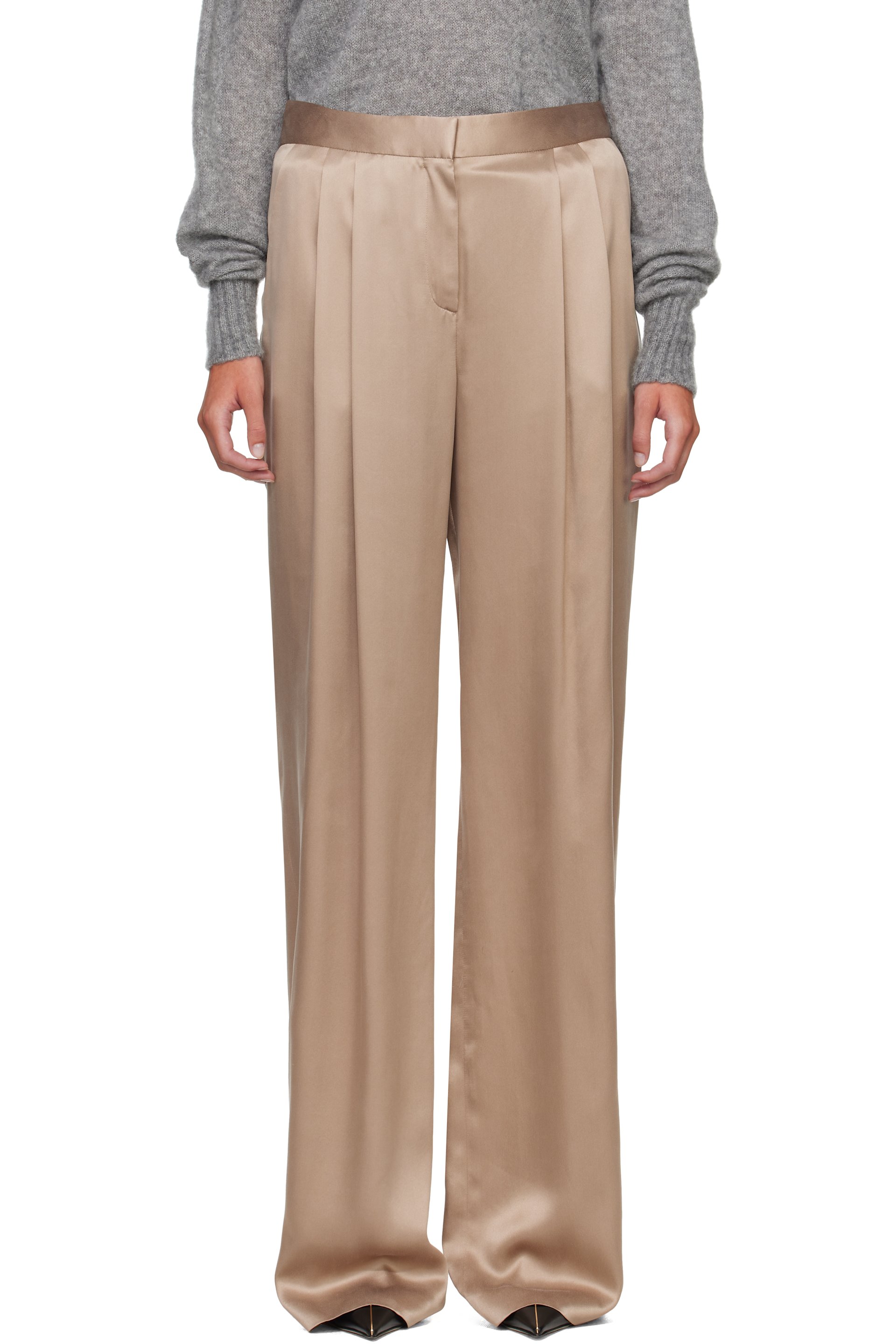 TOM FORD - Beige Peach-Feel Silk Satin Double Pleat Trousers