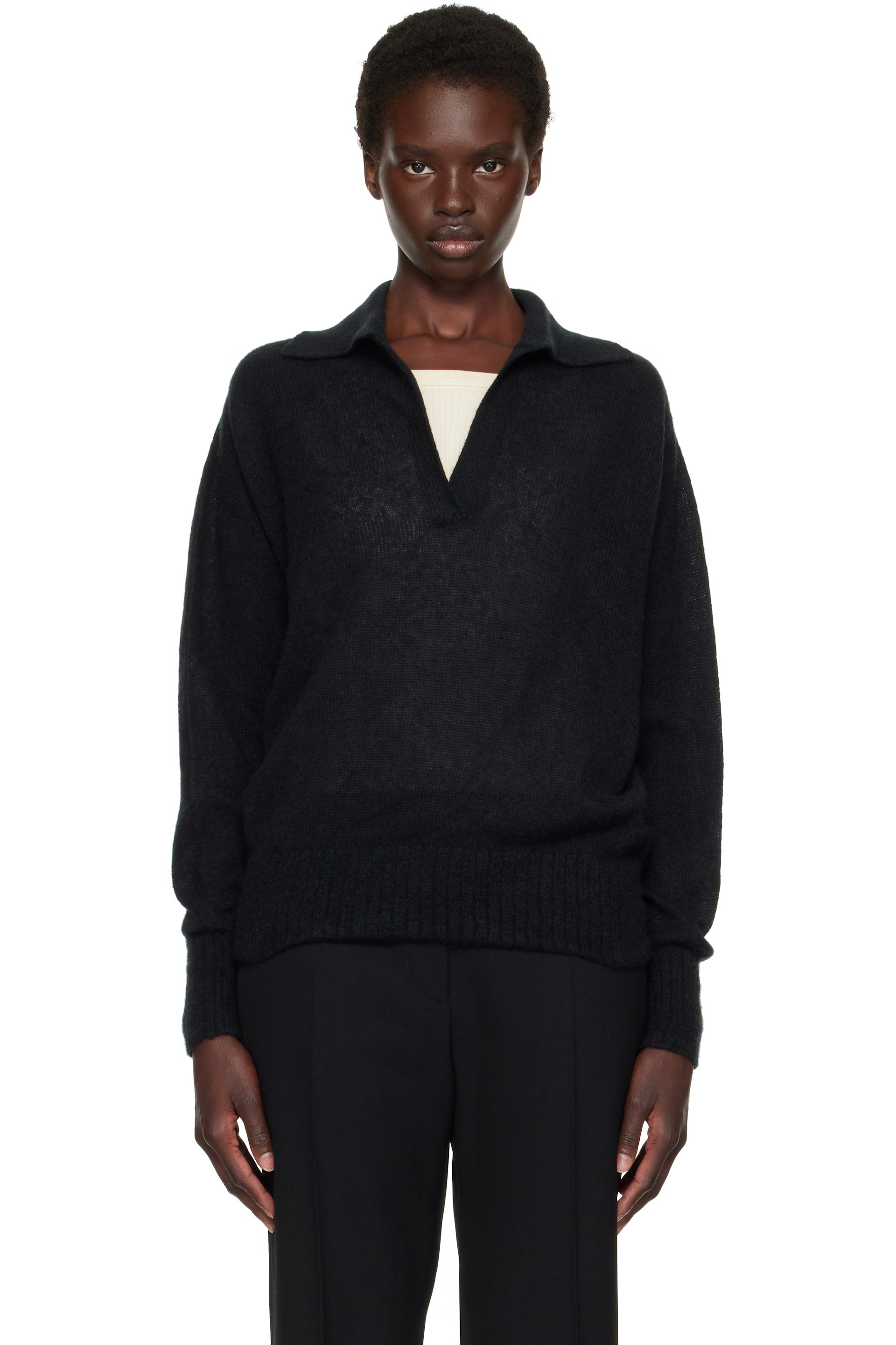 TOM FORD - Black Ultrasoft Cashmere Silk Oversized Open Collar Polo