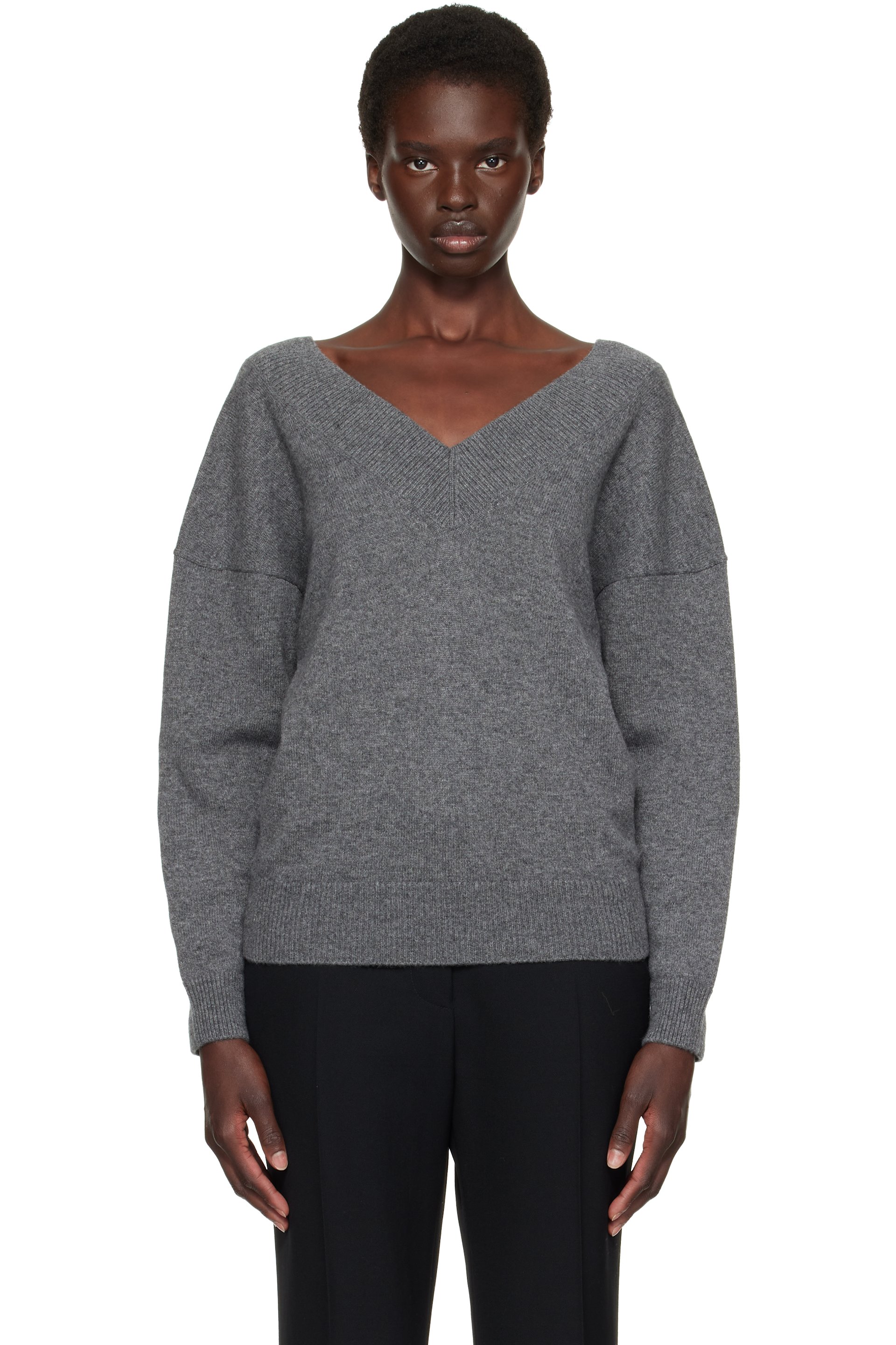 TOM FORD - Gray Cashmere Off-The-Shoulder V-Neck Sweater
