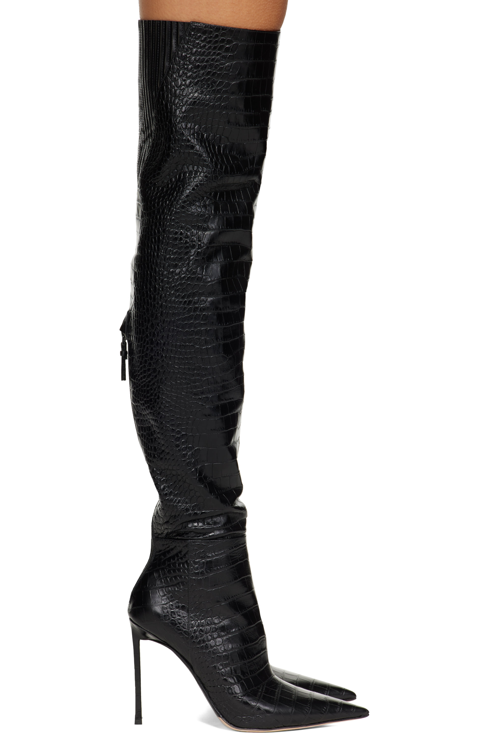 TOM FORD - Black Shiny Stamped Crocodile Leather Vertigo Thigh High Boots