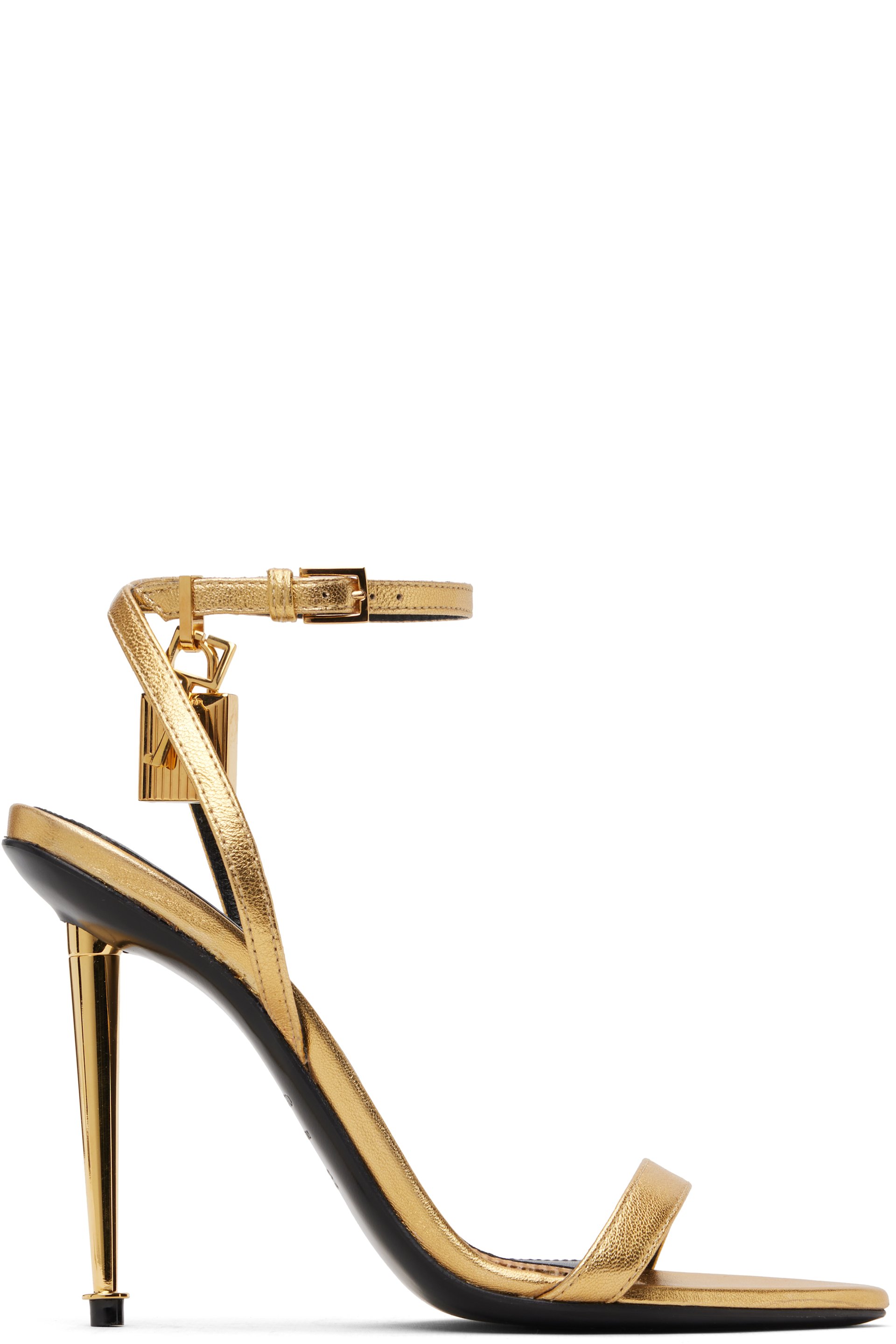 TOM FORD - Sandales à talon dorées en cuir laminé à bout pointu et à cadenas