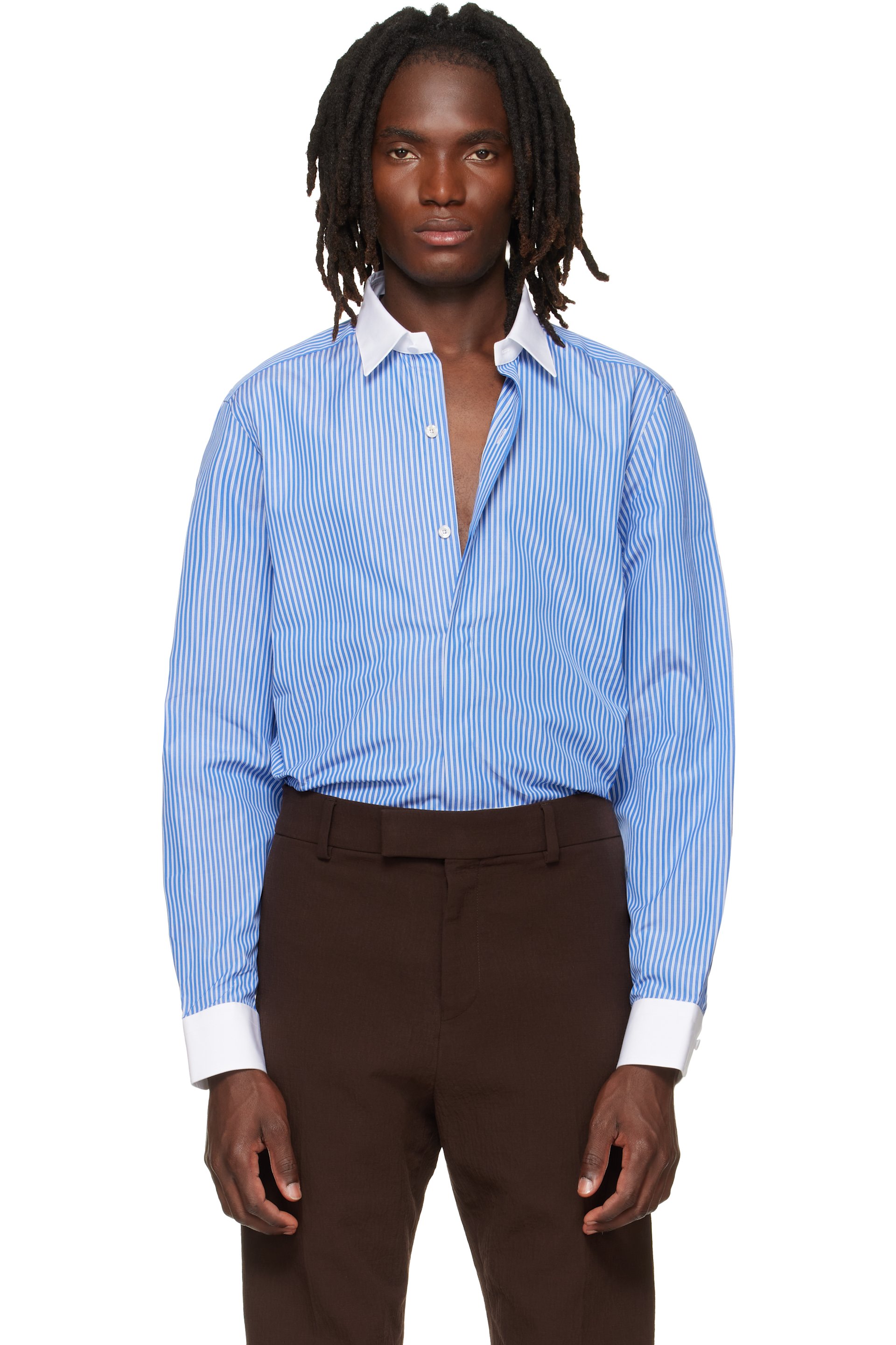 TOM FORD - Blue & White Poplin Stripe Classic Fit Shirt