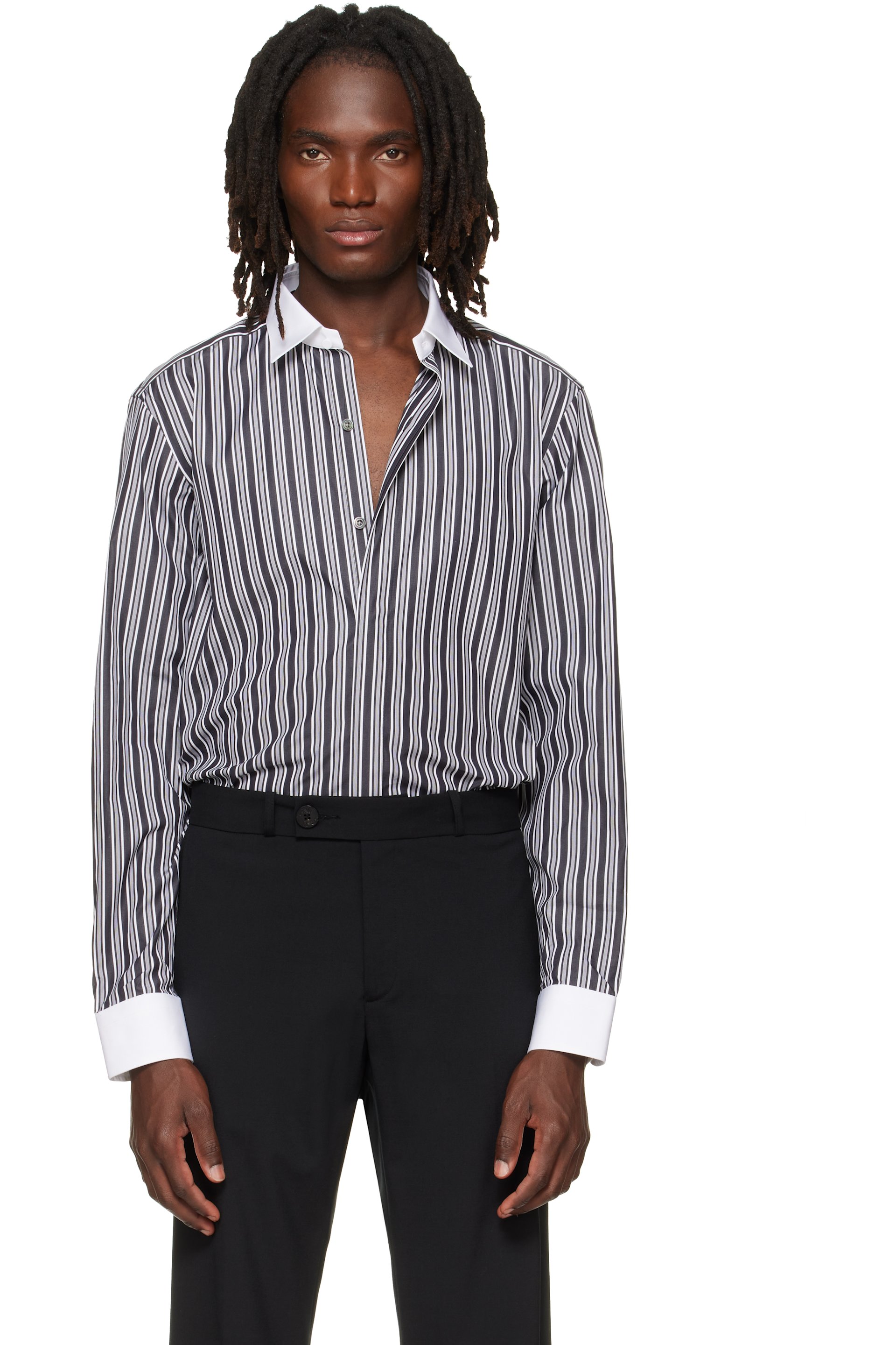 TOM FORD - Black & White Poplin Stripe Classic Fit Shirt