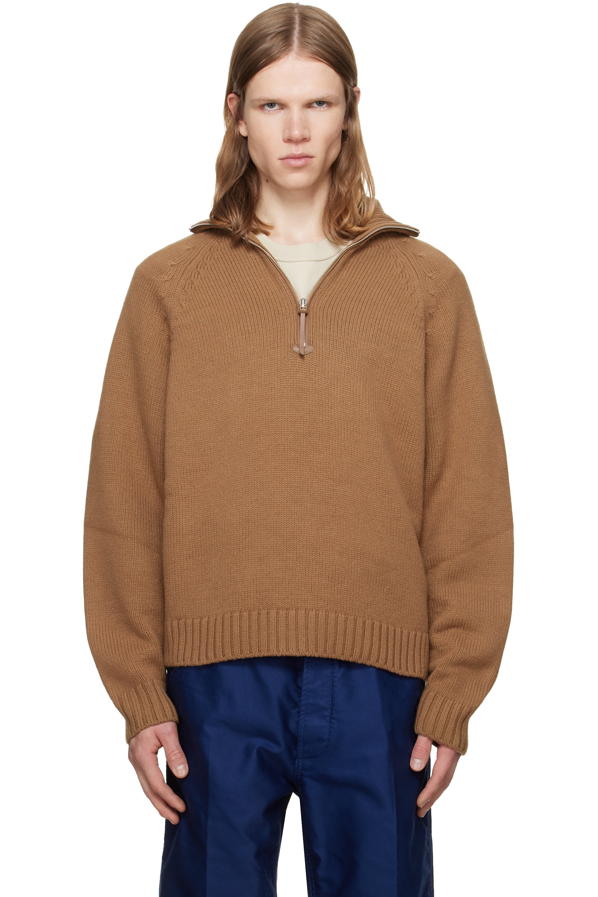 TOM FORD - Tan Cashmere Wool Half Zip Sweater