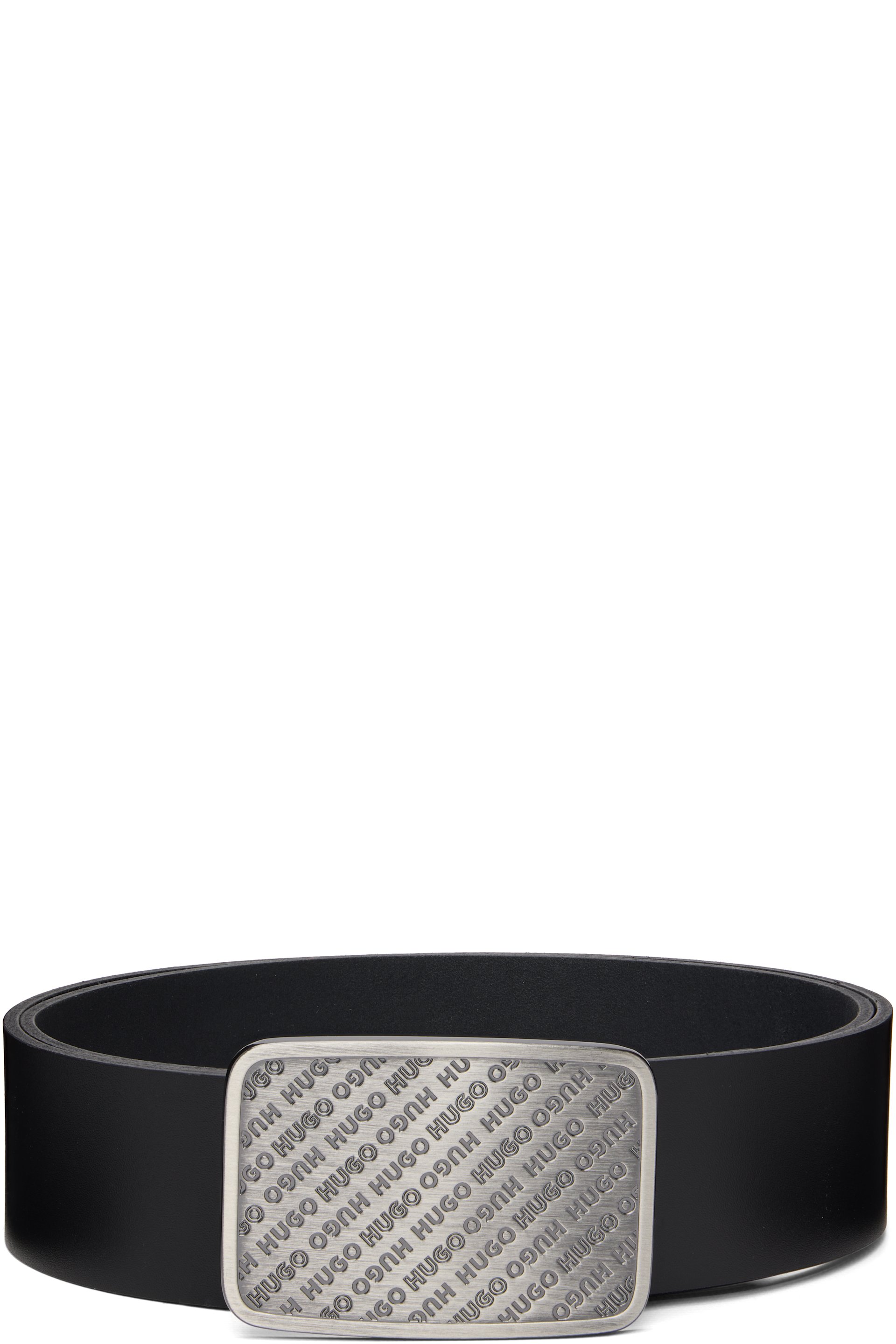 Hugo - Black Leather Repeat-Logo Plaque Buckle Belt