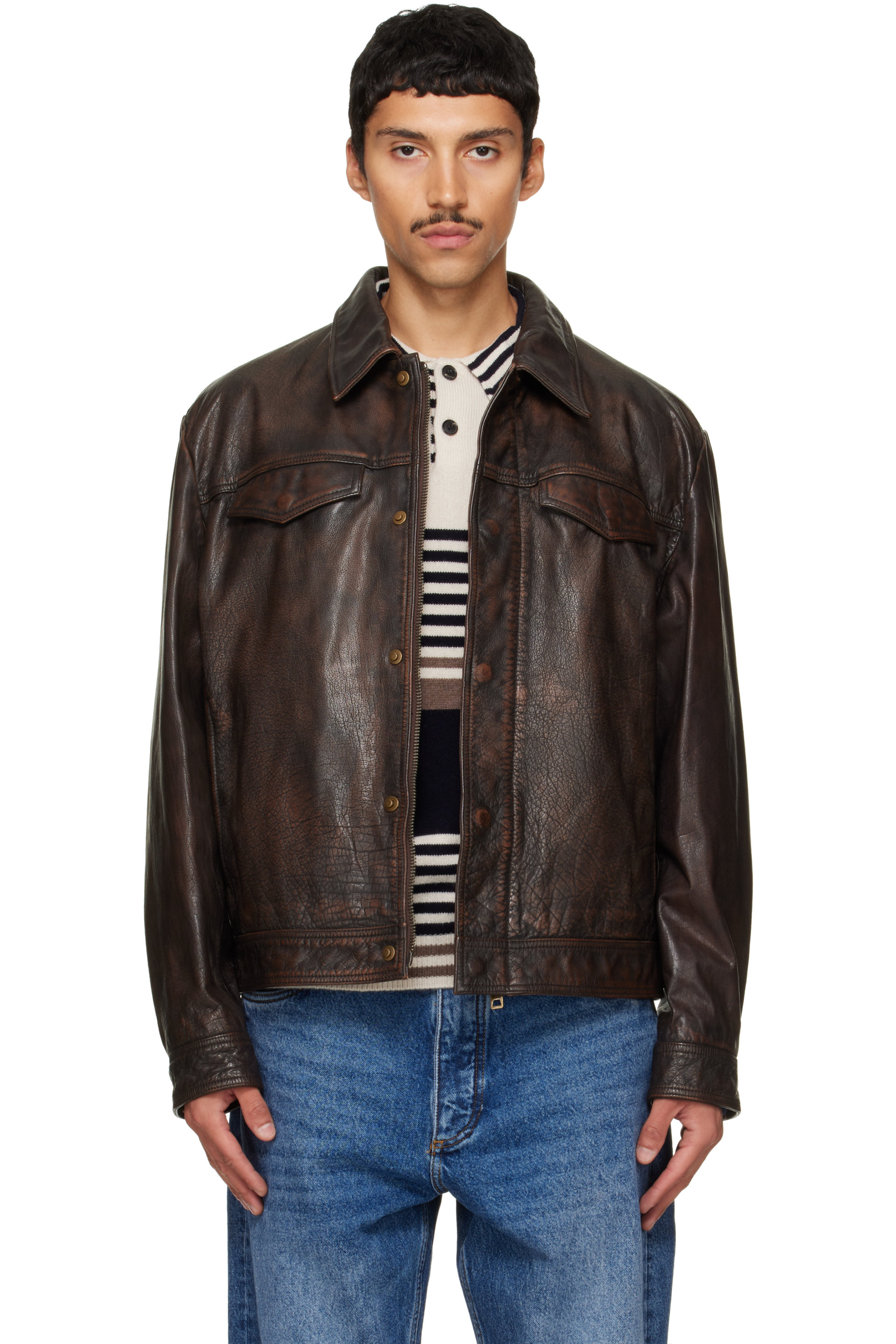 Hugo - Blouson brun en cuir à coupe classique