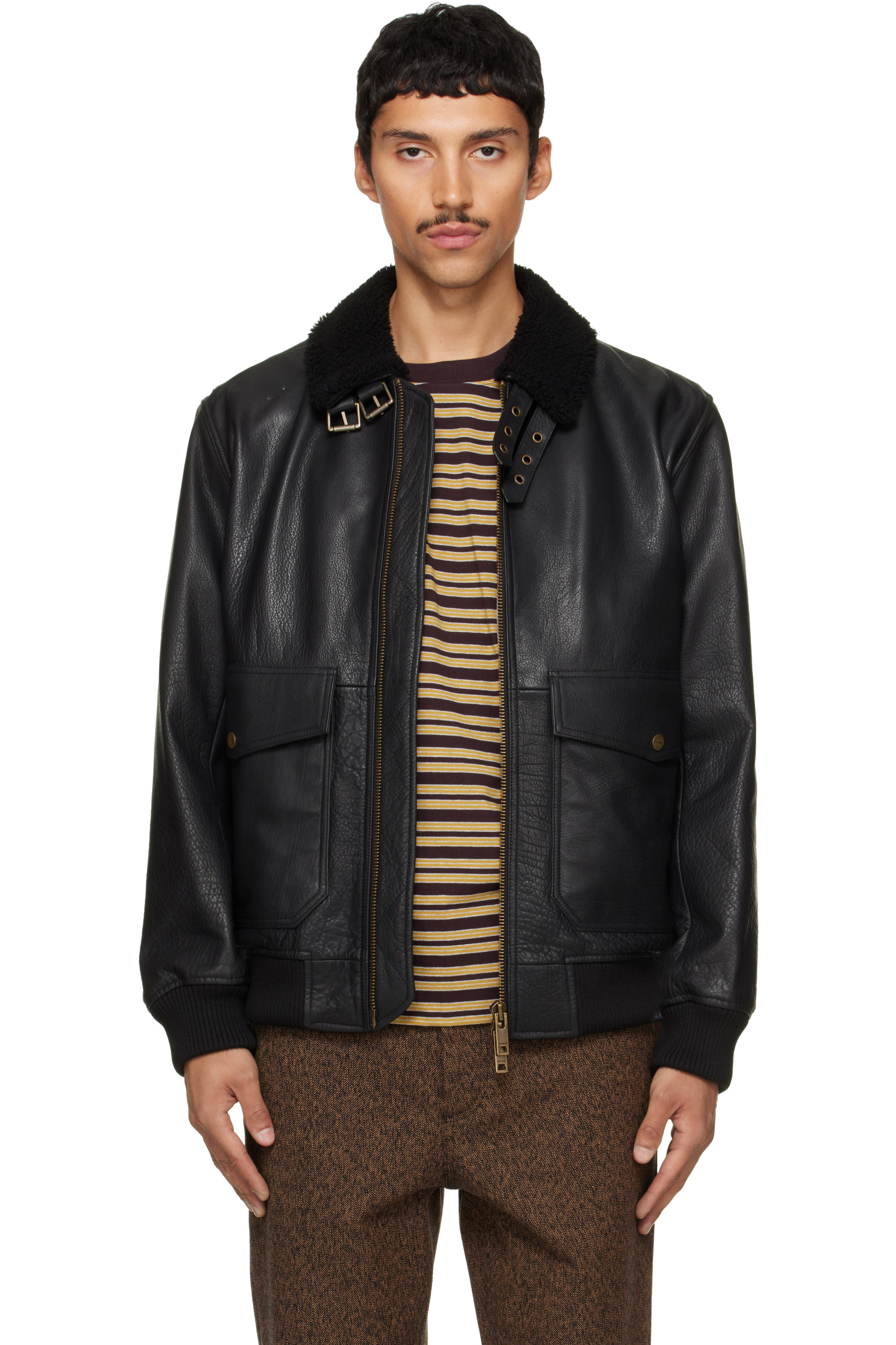Hugo - Black Leather Aviator Jacket