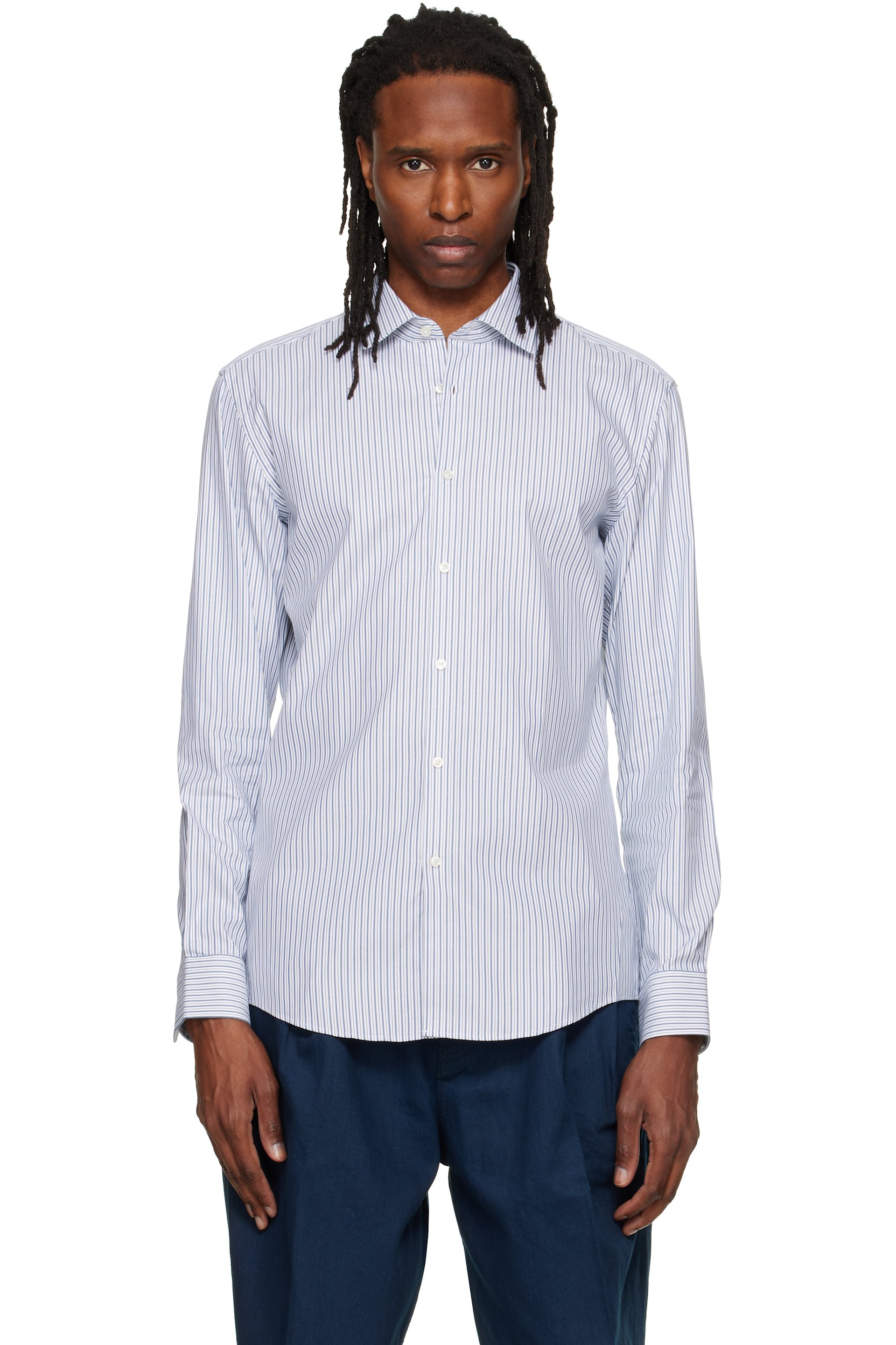 Hugo - White & Blue Slim-Fit Oxford Cotton Shirt