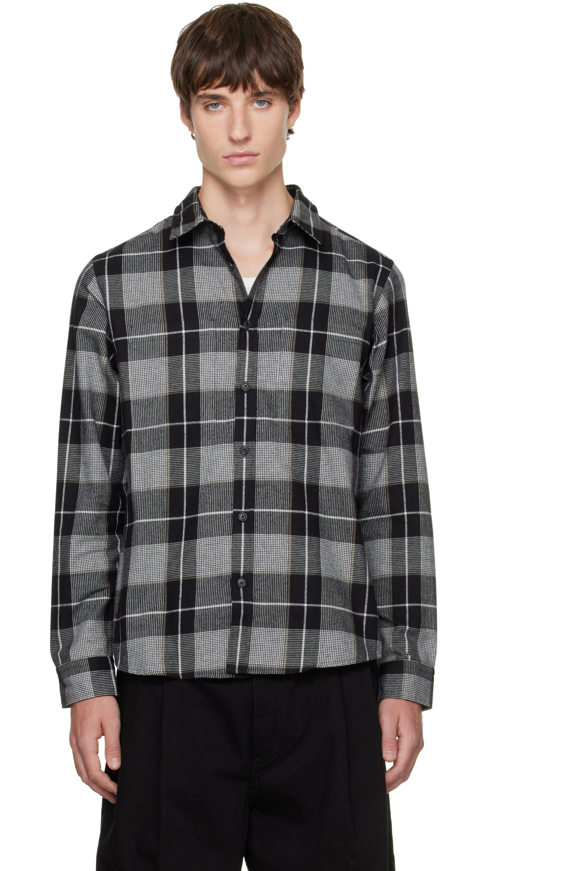 Hugo - Chemise décontractée grise en coton à motif écossais